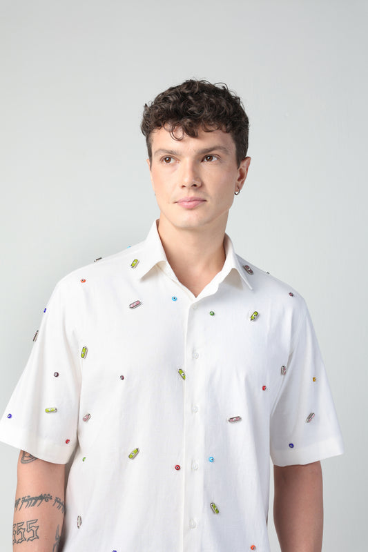 PIETRO ABSTRACT EVIL EYE CHARM LYCRA LINEN SHORT SLEEVE SHIRT