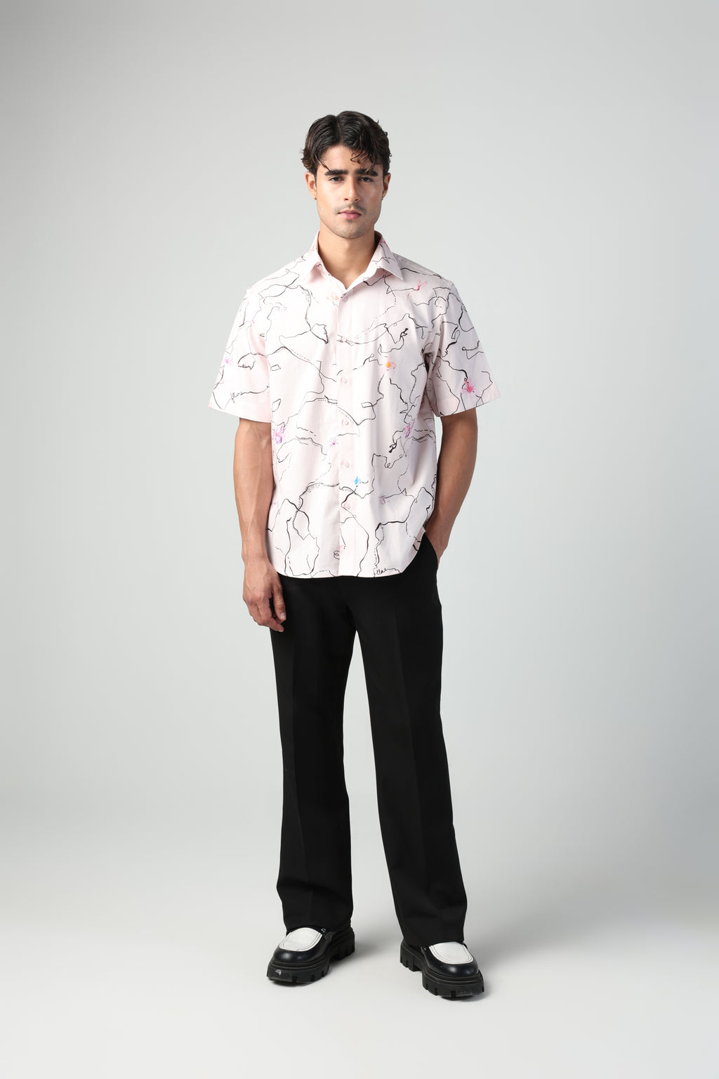 ARCHILLE PINK ABSTRACT LINE WITH FLORA PRINT SHORT SLEEVE SHIRT