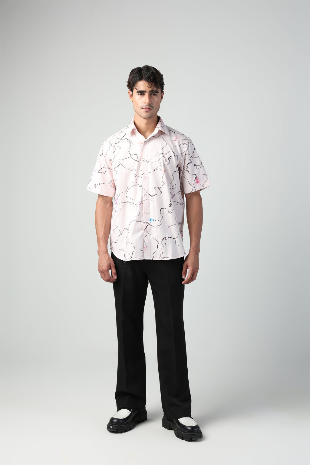 ARCHILLE PINK ABSTRACT LINE WITH FLORA PRINT SHORT SLEEVE SHIRT