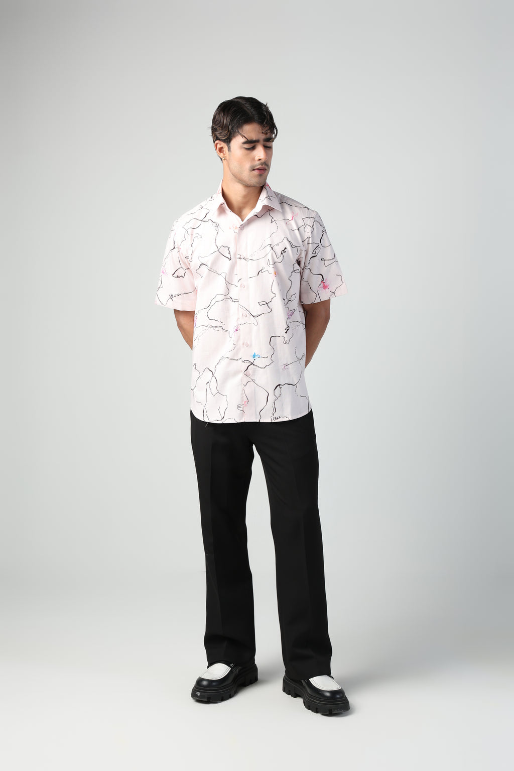 ARCHILLE PINK ABSTRACT LINE WITH FLORA PRINT SHORT SLEEVE SHIRT