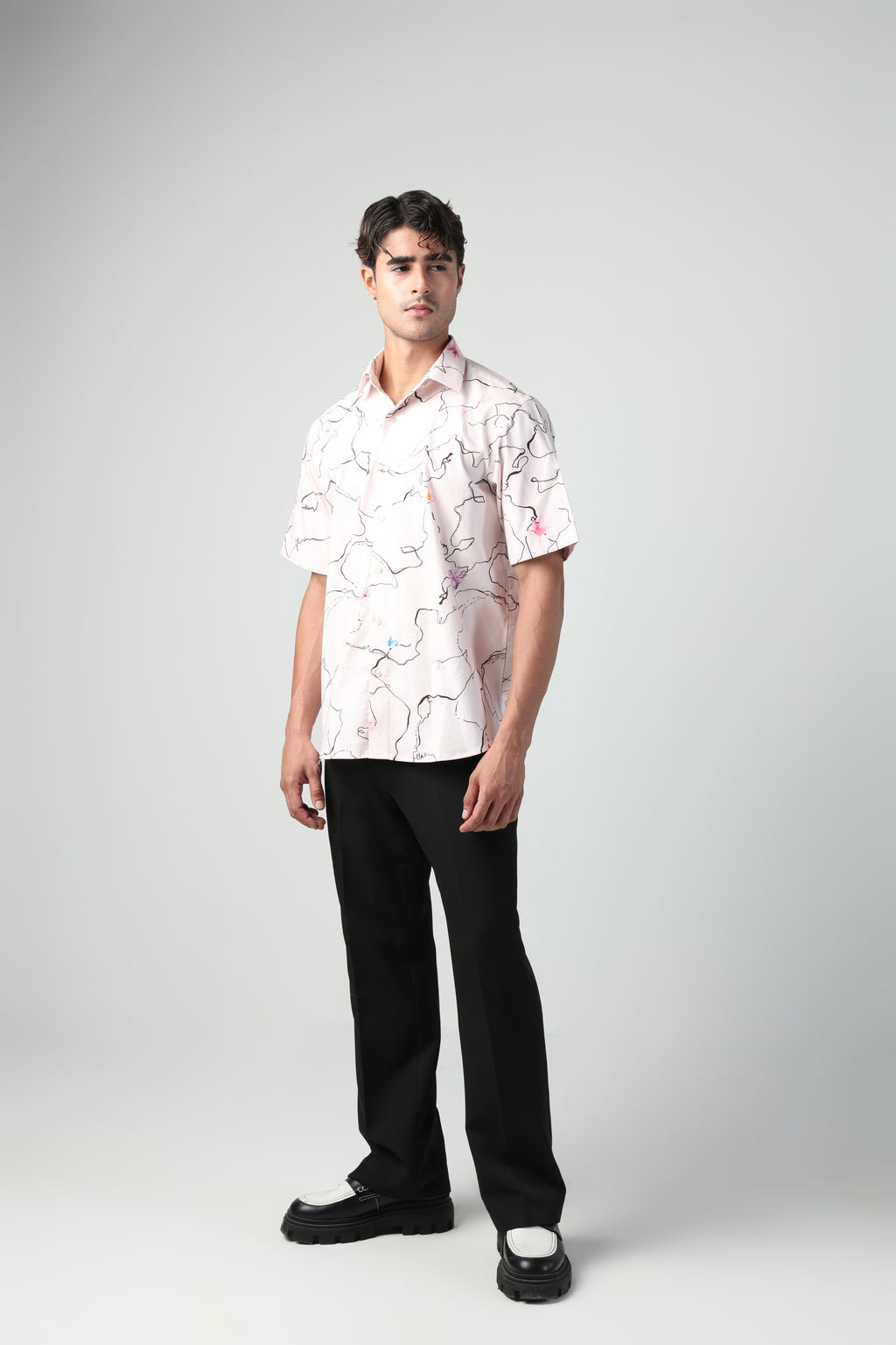 ARCHILLE PINK ABSTRACT LINE WITH FLORA PRINT SHORT SLEEVE SHIRT