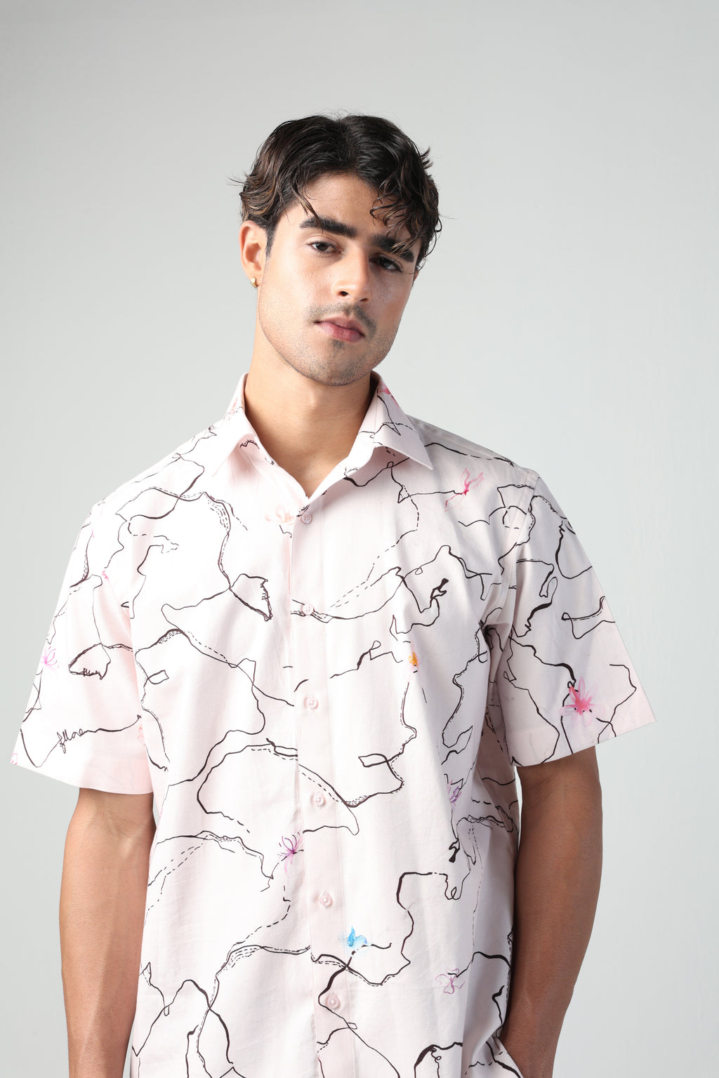ARCHILLE PINK ABSTRACT LINE WITH FLORA PRINT SHORT SLEEVE SHIRT