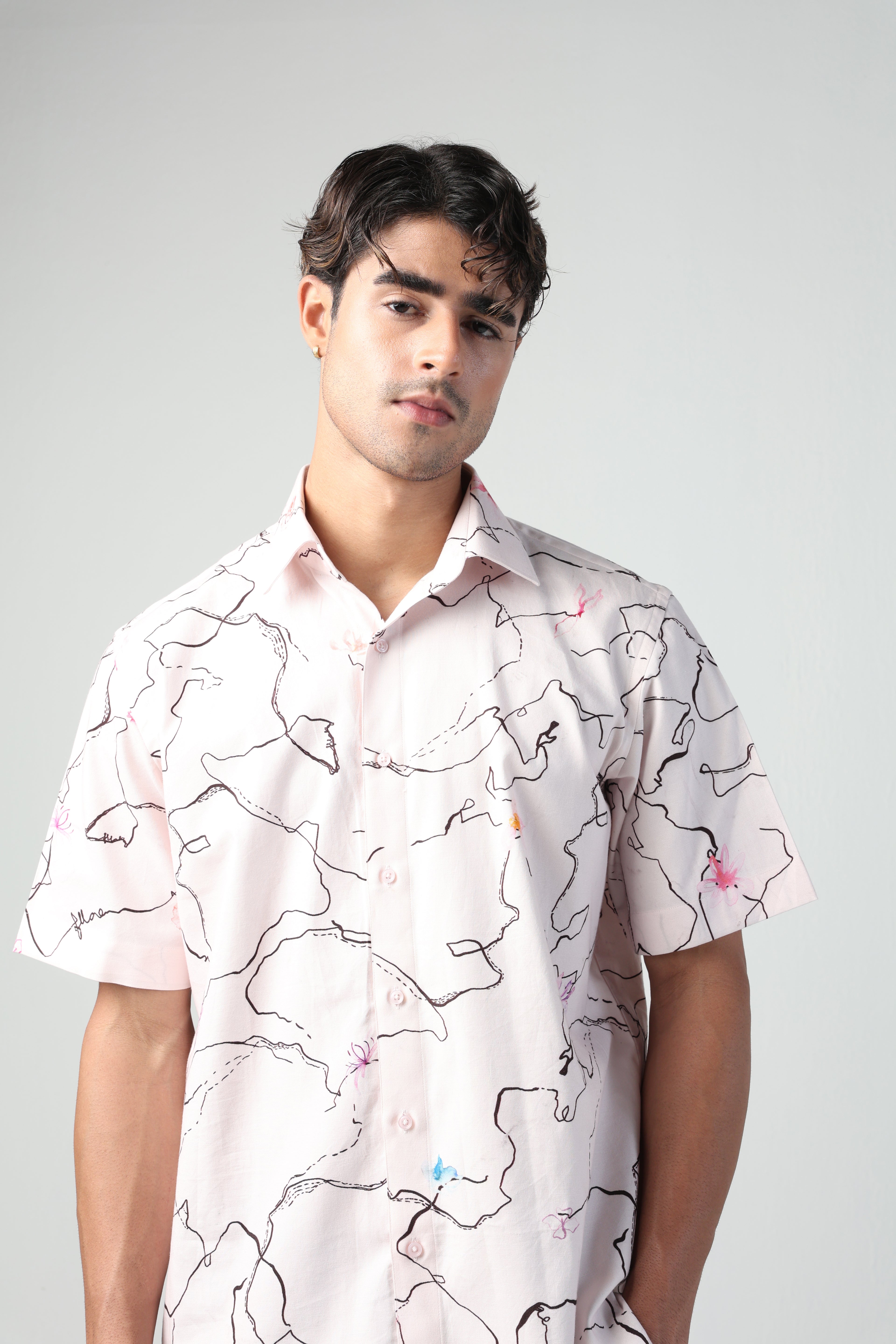 ARCHILLE PINK ABSTRACT LINE WITH FLORA PRINT SHORT SLEEVE SHIRT