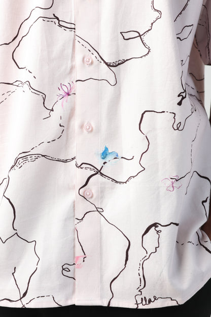 ARCHILLE PINK ABSTRACT LINE WITH FLORA PRINT SHORT SLEEVE SHIRT
