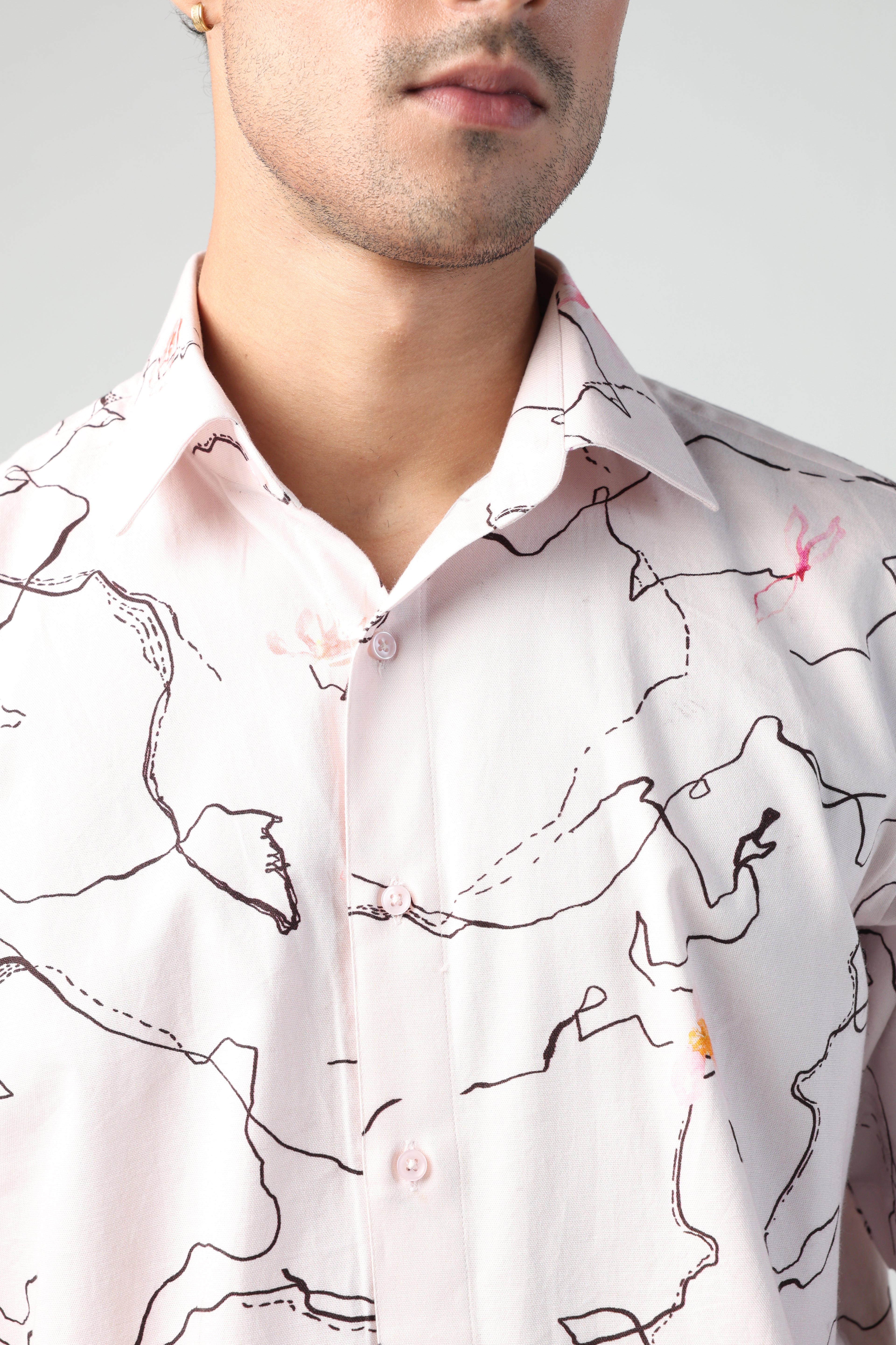 ARCHILLE PINK ABSTRACT LINE WITH FLORA PRINT SHORT SLEEVE SHIRT