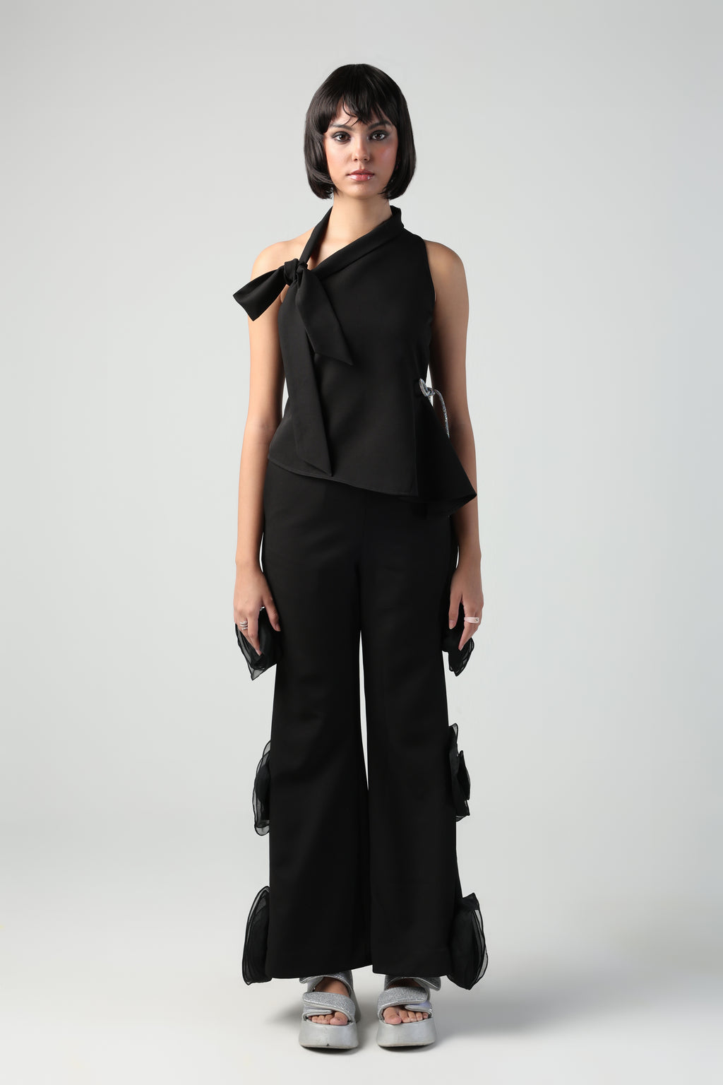 ELLIEA BLACK SLEEVELESS PATTERNED TOP WITH ROSETTE PANT CO-ORD SET