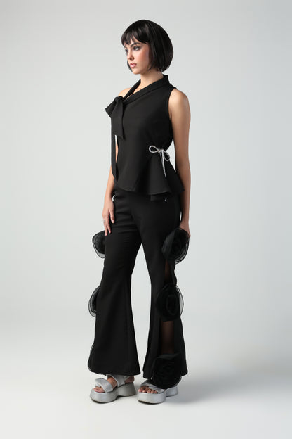 ELLIEA BLACK SLEEVELESS PATTERNED TOP WITH ROSETTE PANT CO-ORD SET