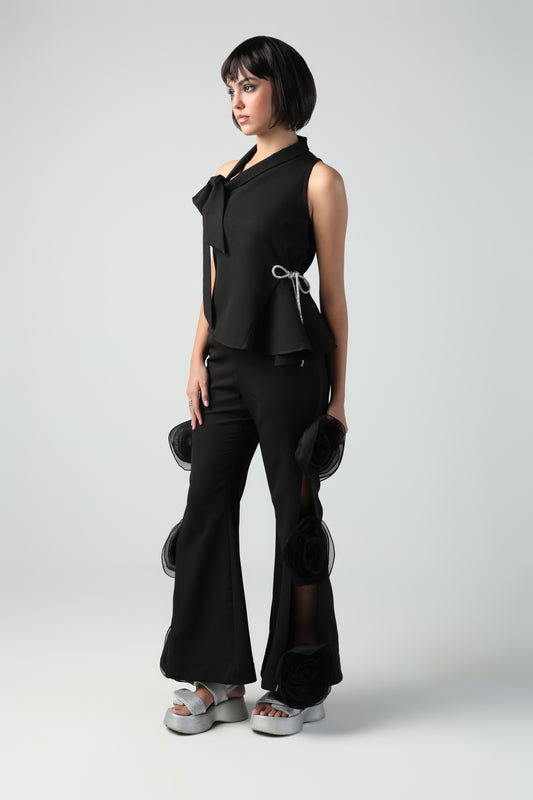 ELLIEA BLACK SLEEVELESS PATTERNED TOP WITH ROSETTE PANT CO-ORD SET