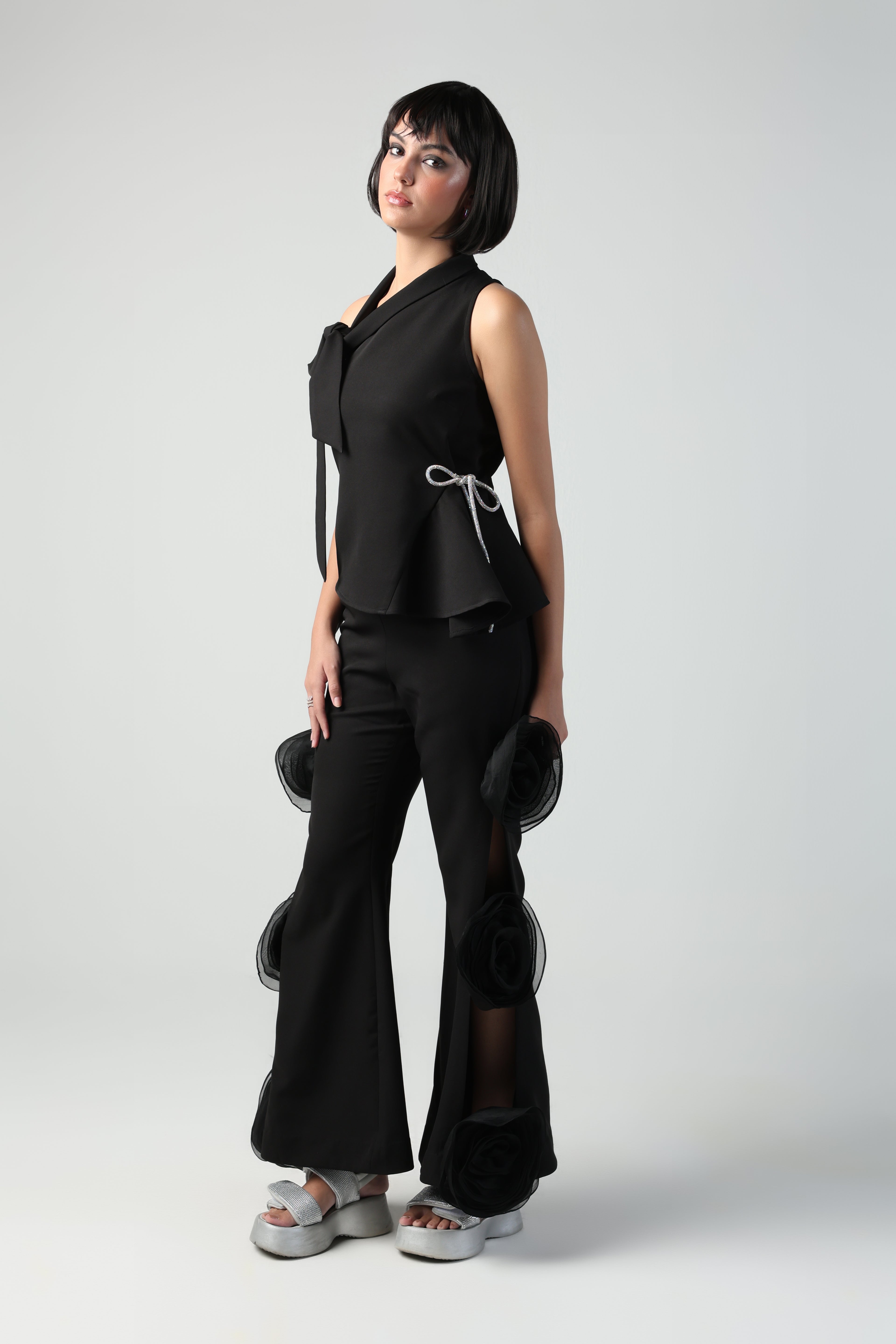 ELLIEA BLACK SLEEVELESS PATTERNED TOP WITH ROSETTE PANT CO-ORD SET