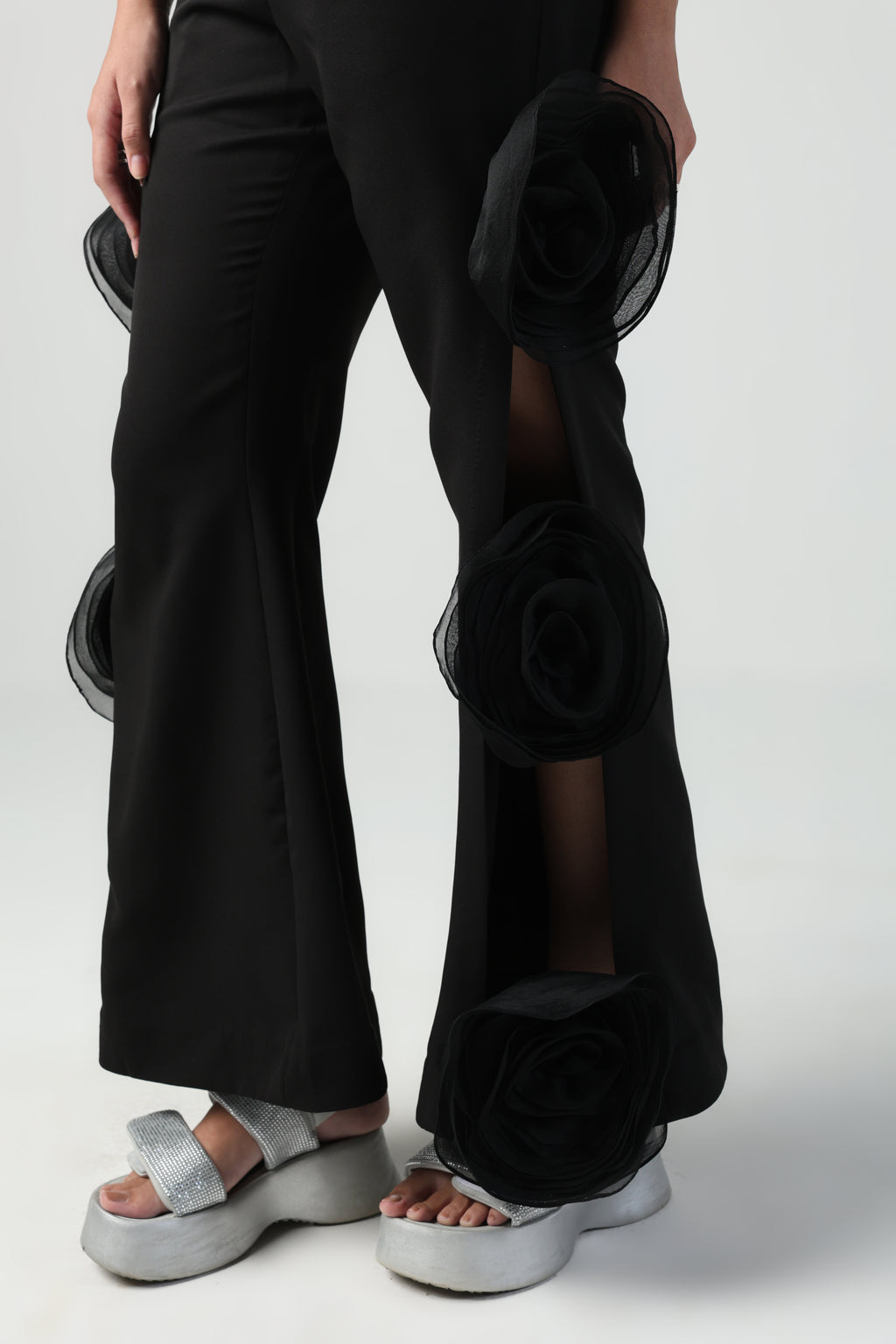 ELLIEA BLACK SLEEVELESS PATTERNED TOP WITH ROSETTE PANT CO-ORD SET