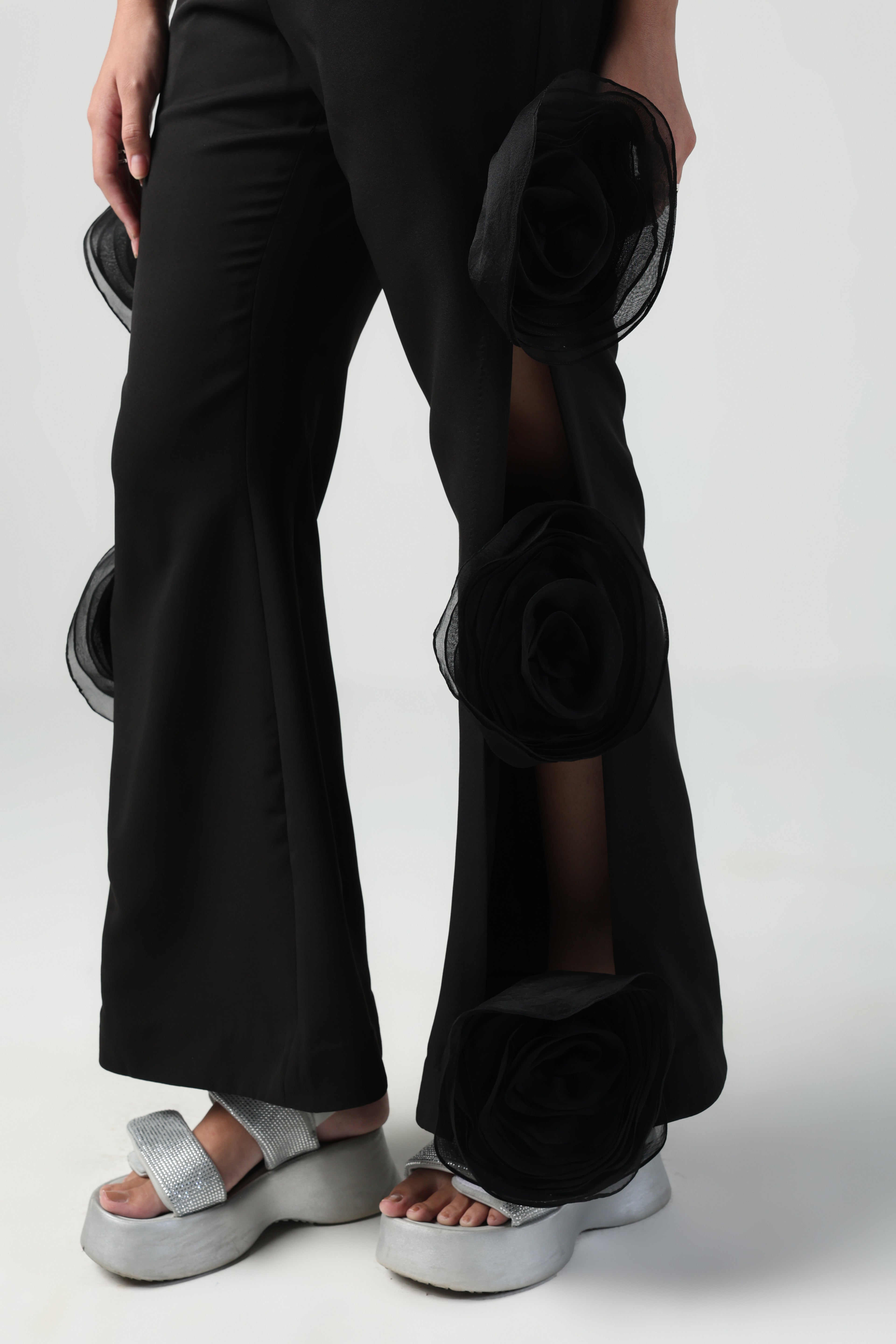 ELLIEA BLACK SLEEVELESS PATTERNED TOP WITH ROSETTE PANT CO-ORD SET
