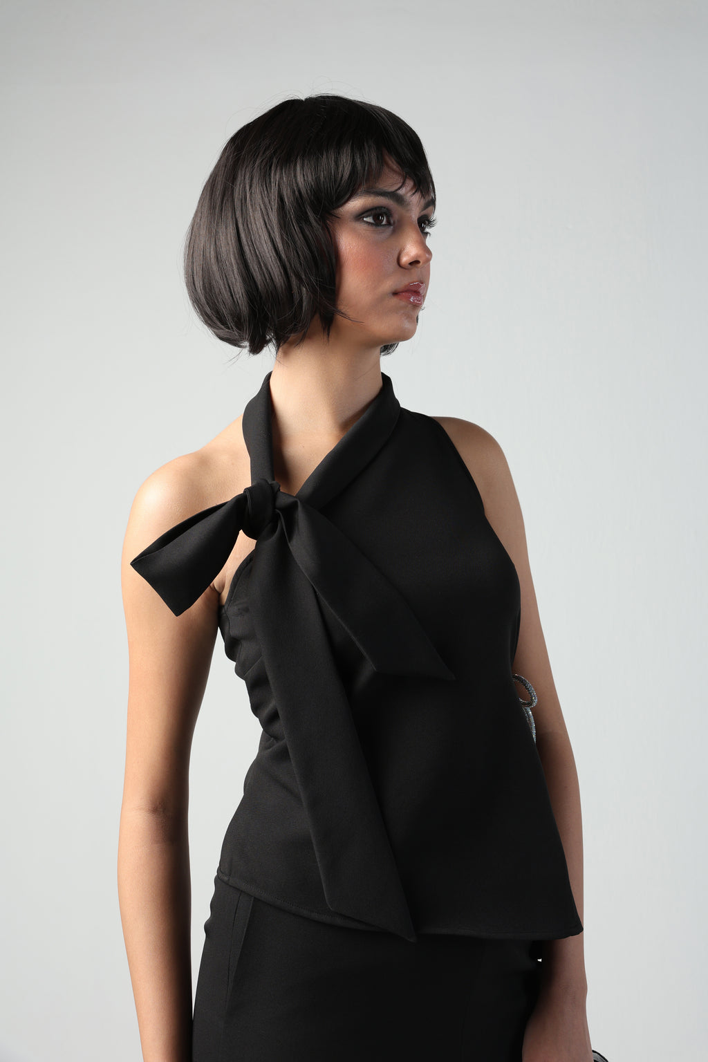 ELLIEA BLACK SLEEVELESS PATTERNED TOP WITH ROSETTE PANT CO-ORD SET