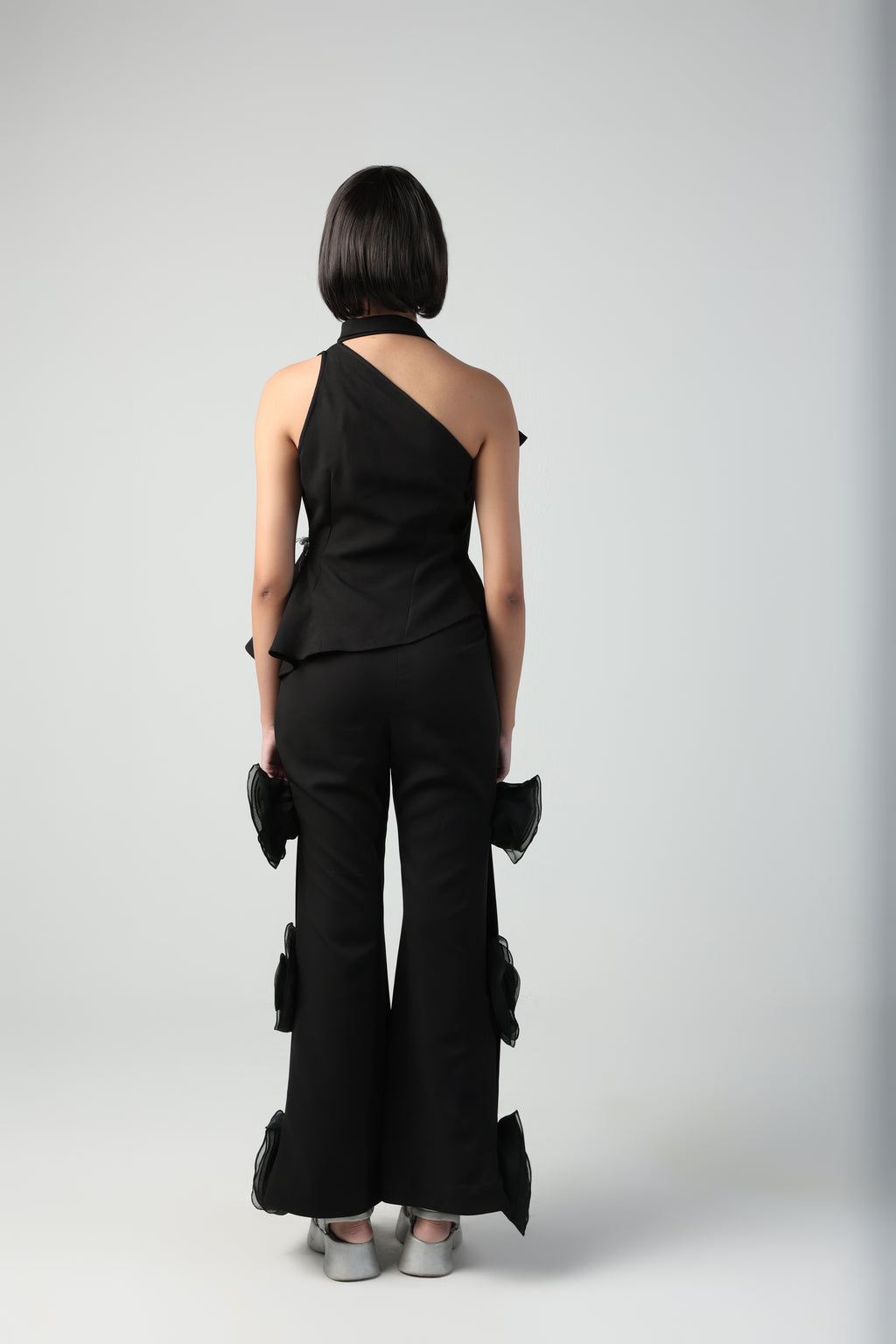 ELLIEA BLACK SLEEVELESS PATTERNED TOP WITH ROSETTE PANT CO-ORD SET