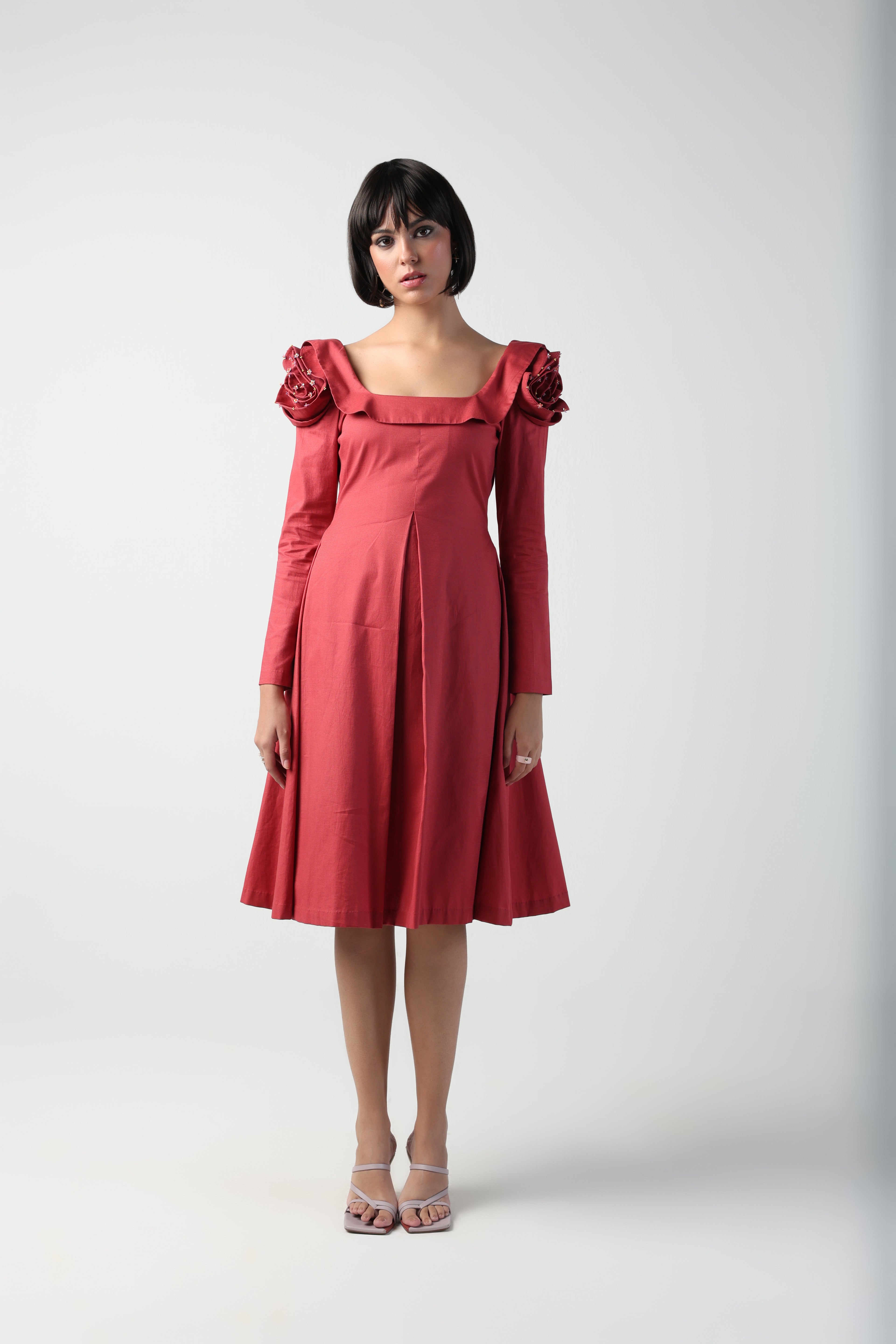 VALENTINA RED 3D ROSETTE SLEEVE FULL SLEEVE MIDI DRESS