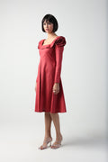 VALENTINA RED 3D ROSETTE SLEEVE FULL SLEEVE MIDI DRESS