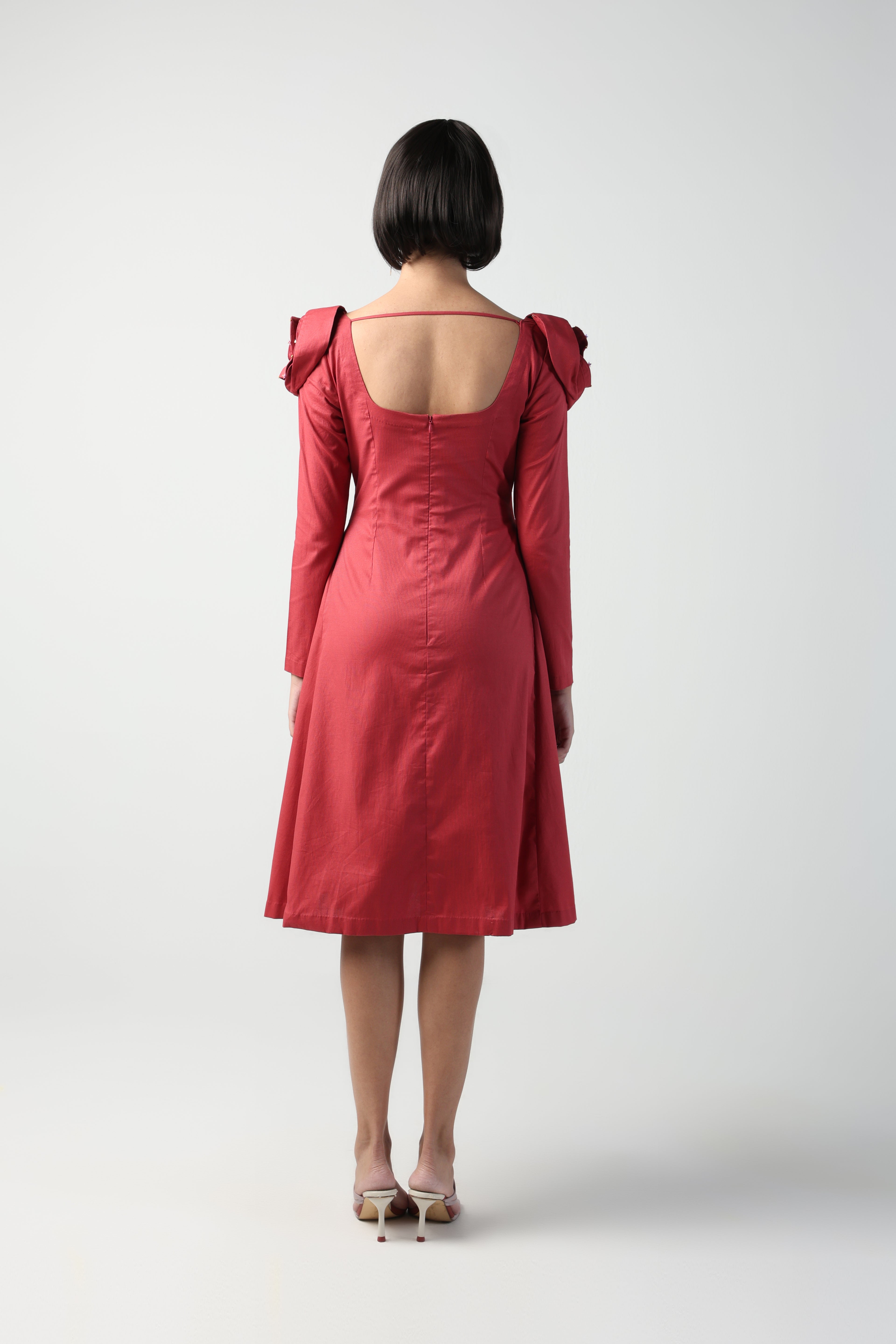 VALENTINA RED 3D ROSETTE SLEEVE FULL SLEEVE MIDI DRESS