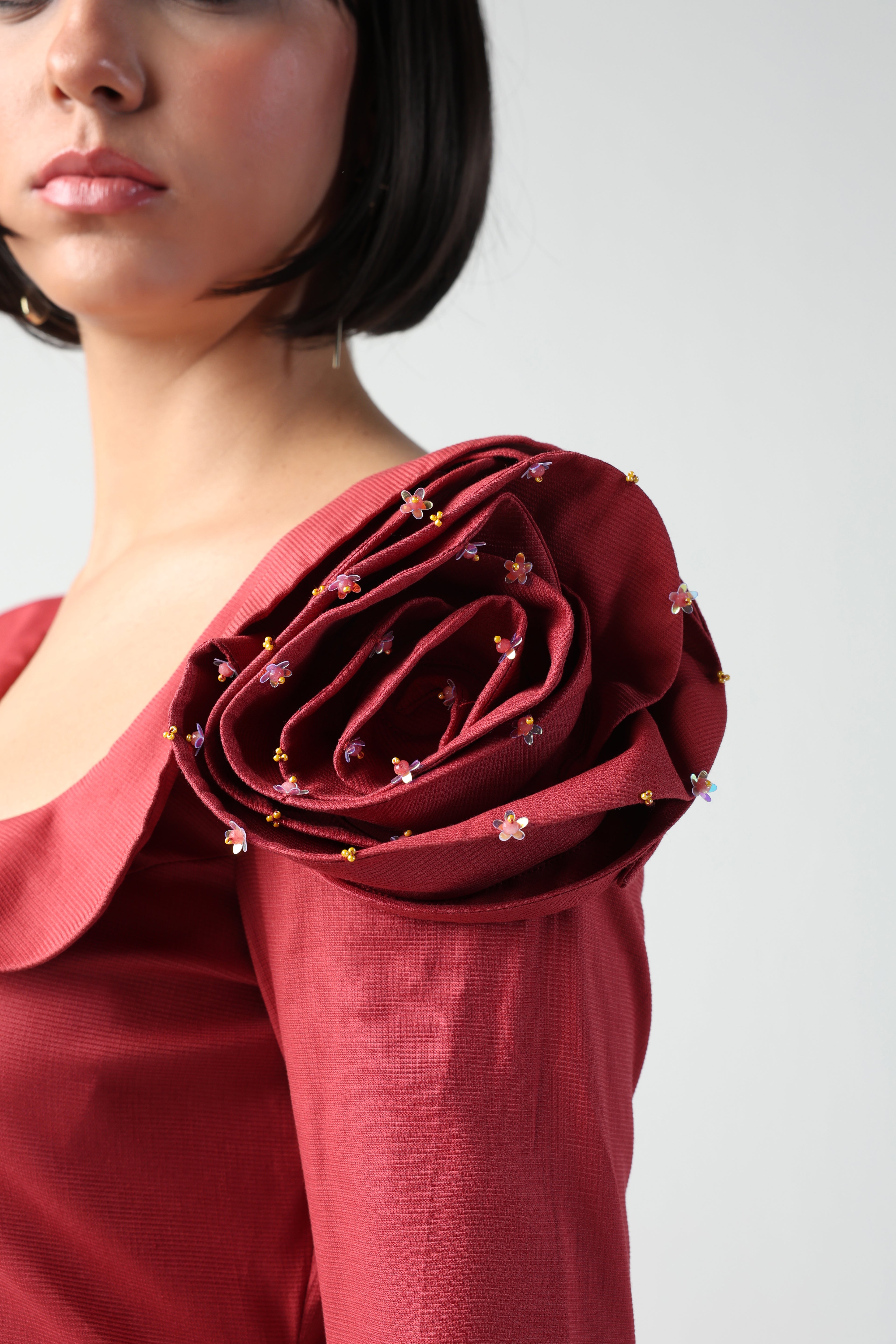 VALENTINA RED 3D ROSETTE SLEEVE FULL SLEEVE MIDI DRESS