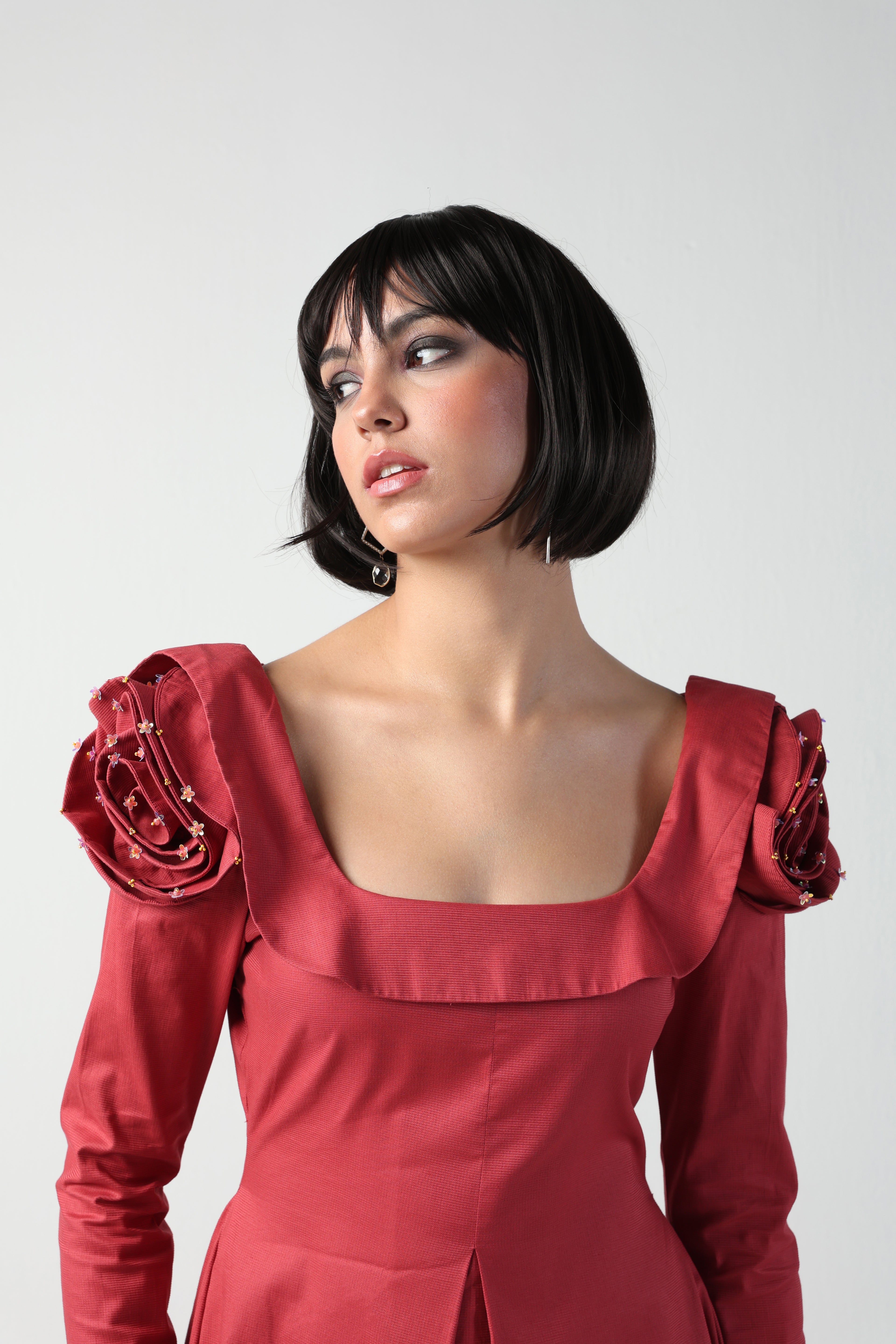 VALENTINA RED 3D ROSETTE SLEEVE FULL SLEEVE MIDI DRESS