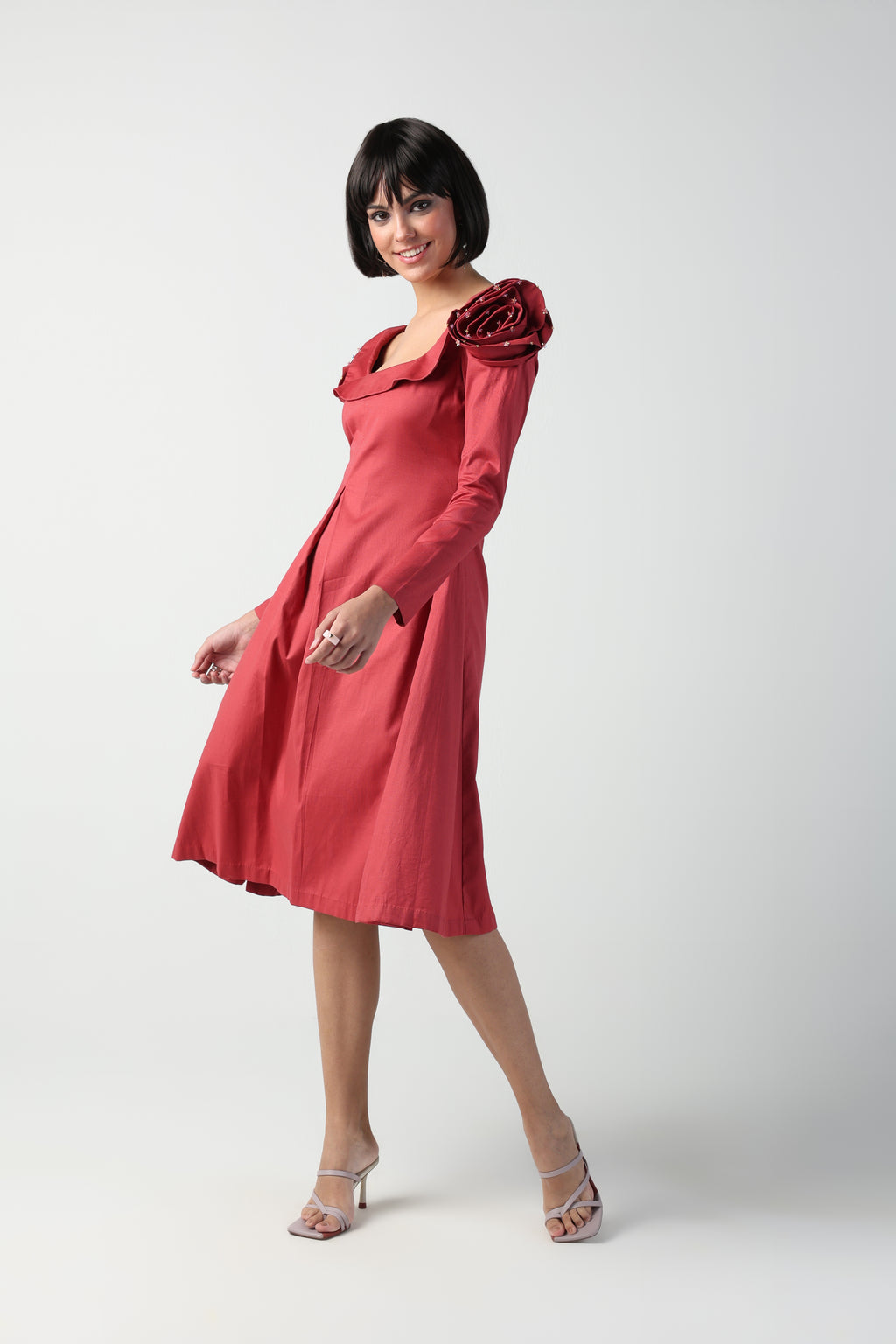 VALENTINA RED 3D ROSETTE SLEEVE FULL SLEEVE MIDI DRESS