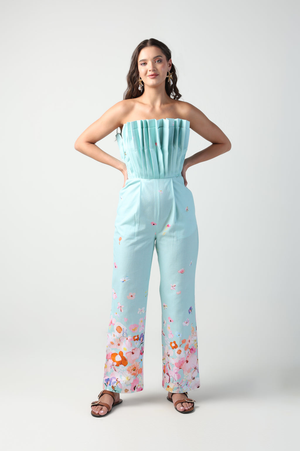 ALARA MINT GREEN 3D PLEATED STRAPLESS OMBRE FLORAL PRINTED JUMPSUIT