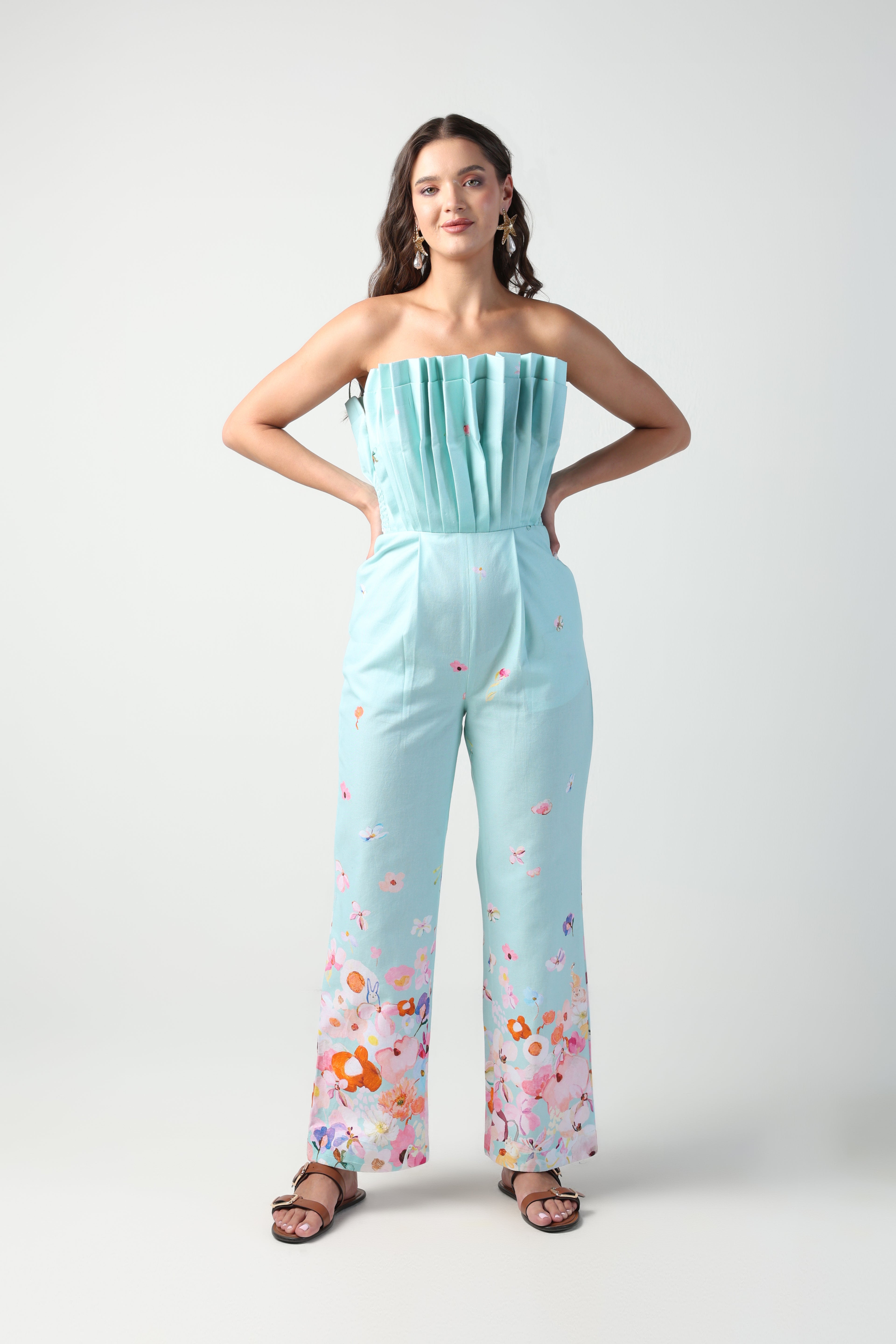 ALARA MINT GREEN 3D PLEATED STRAPLESS OMBRE FLORAL PRINTED JUMPSUIT