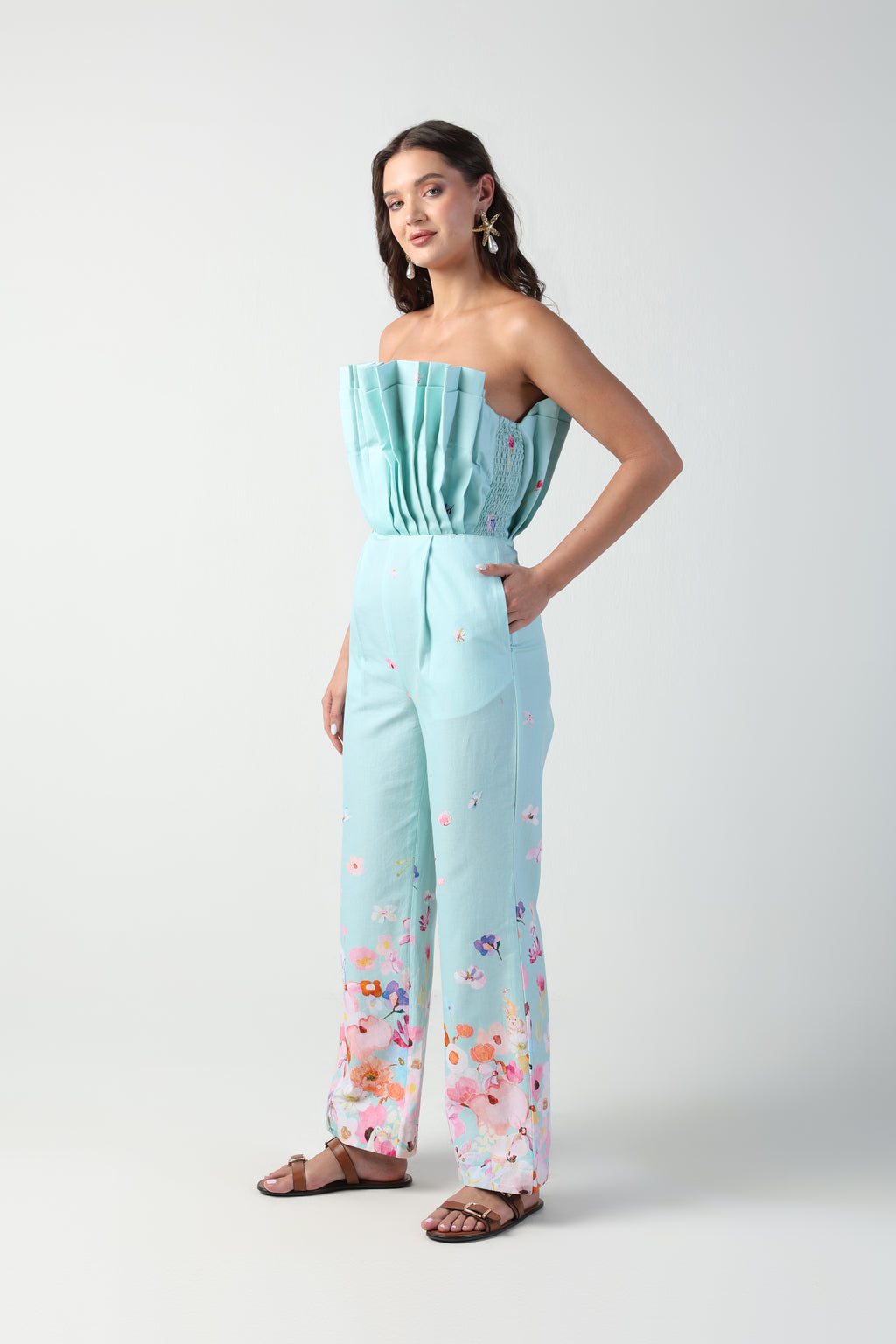 ALARA MINT GREEN 3D PLEATED STRAPLESS OMBRE FLORAL PRINTED JUMPSUIT