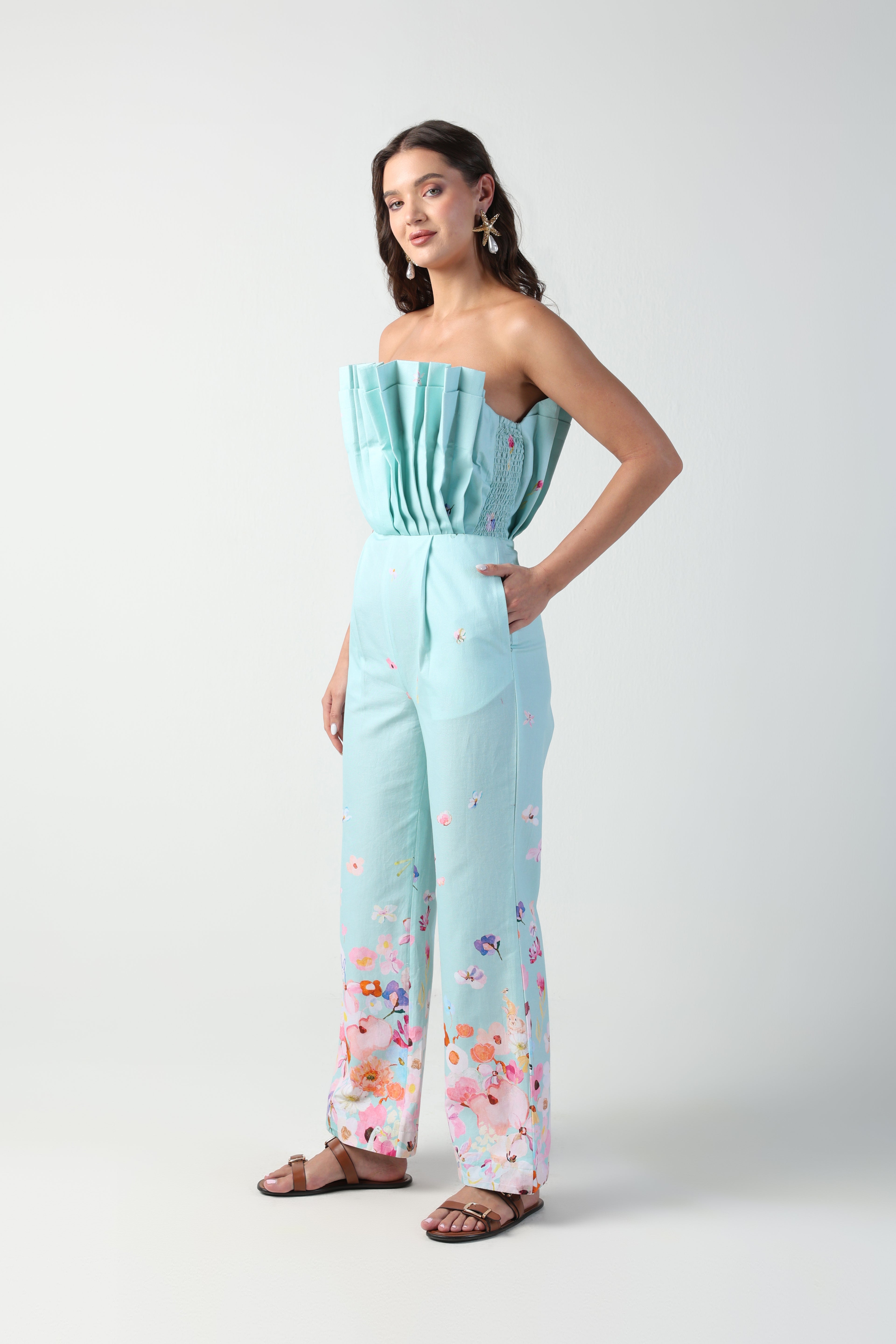 ALARA MINT GREEN 3D PLEATED STRAPLESS OMBRE FLORAL PRINTED JUMPSUIT