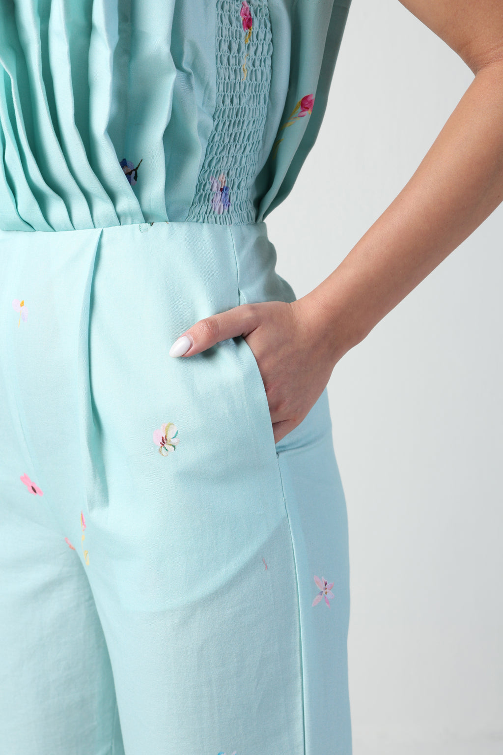 ALARA MINT GREEN 3D PLEATED STRAPLESS OMBRE FLORAL PRINTED JUMPSUIT