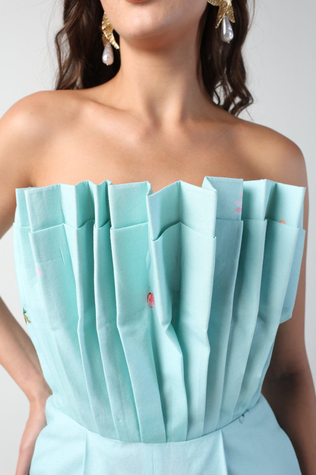 ALARA MINT GREEN 3D PLEATED STRAPLESS OMBRE FLORAL PRINTED JUMPSUIT