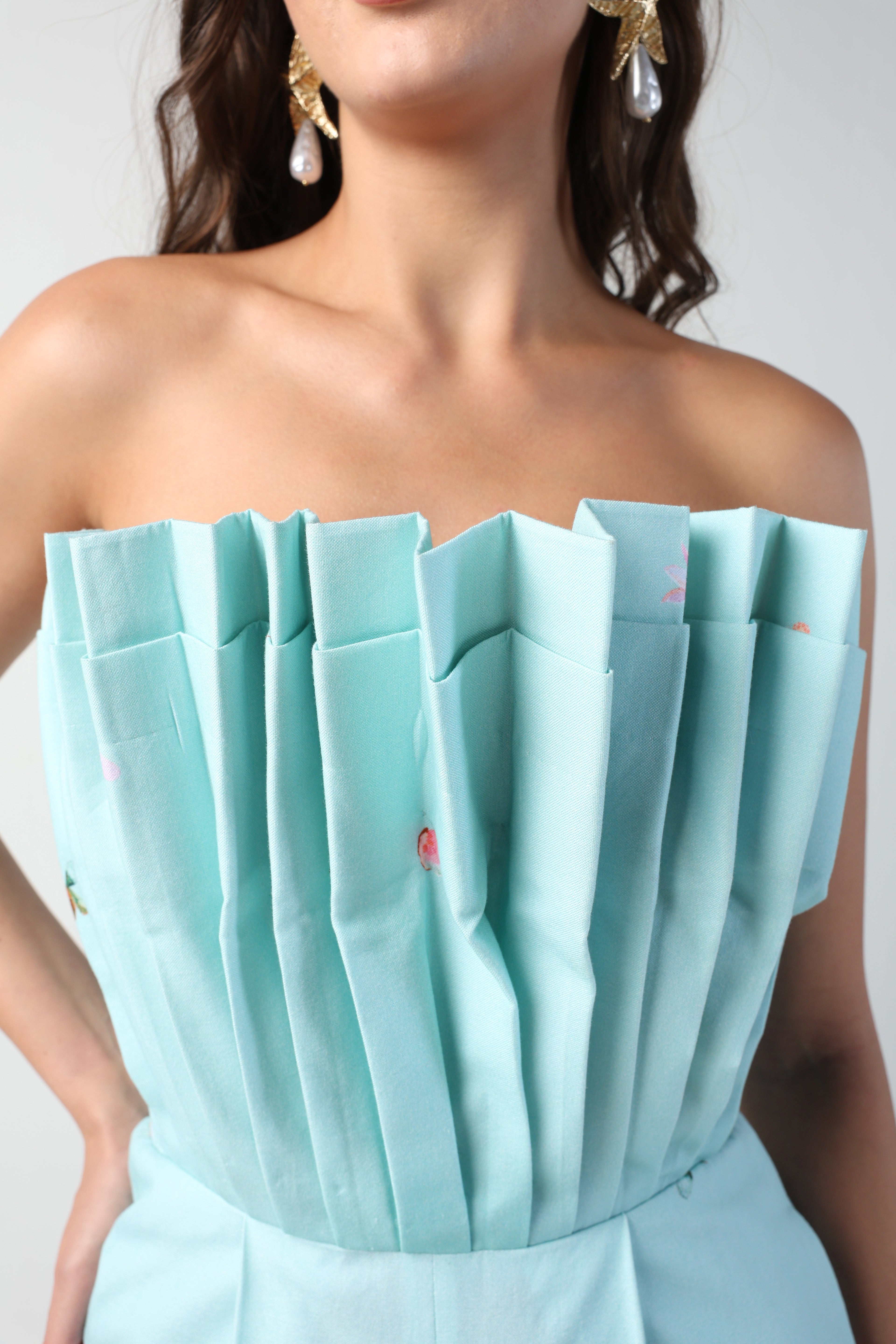 ALARA MINT GREEN 3D PLEATED STRAPLESS OMBRE FLORAL PRINTED JUMPSUIT