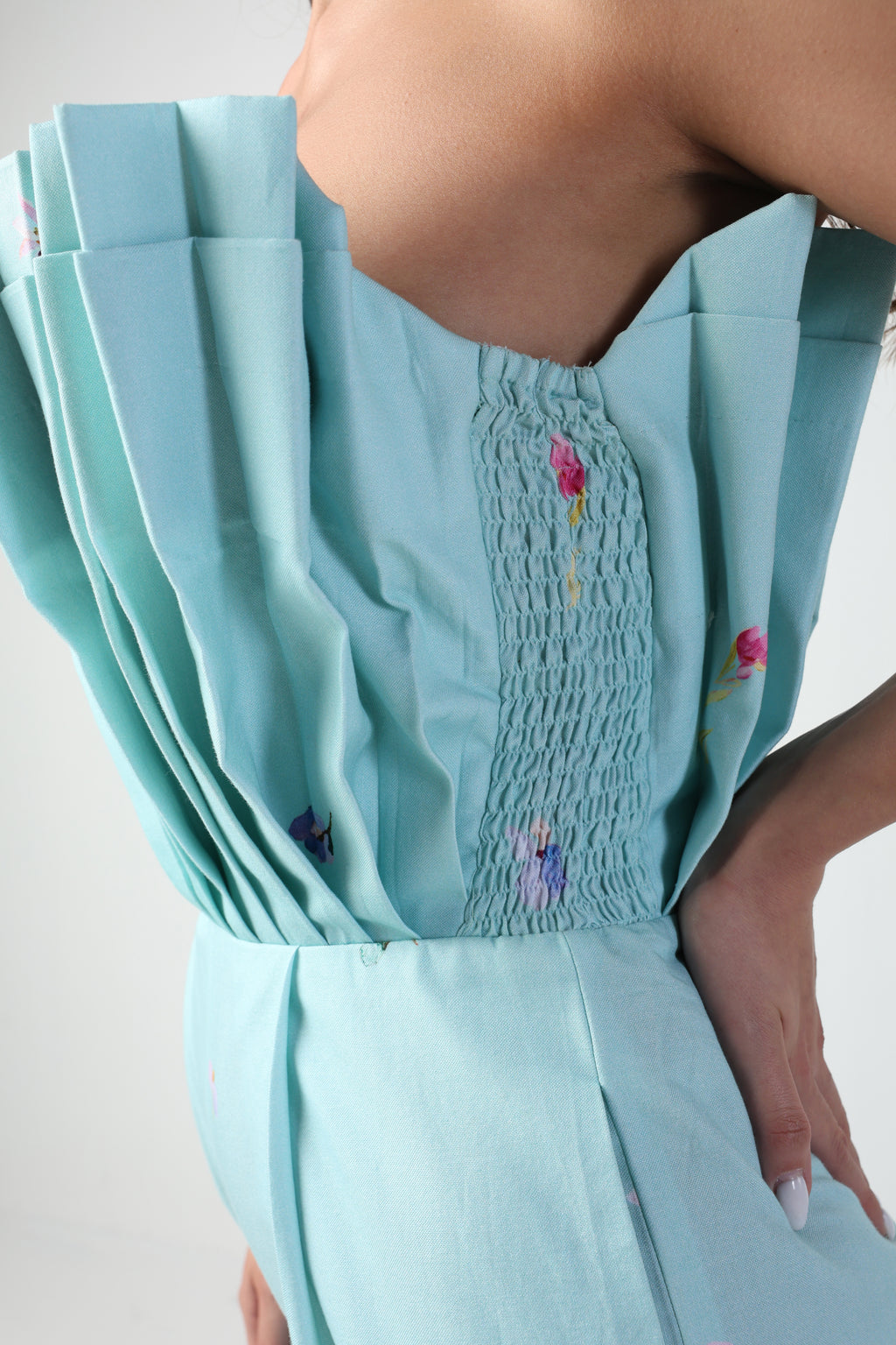 ALARA MINT GREEN 3D PLEATED STRAPLESS OMBRE FLORAL PRINTED JUMPSUIT