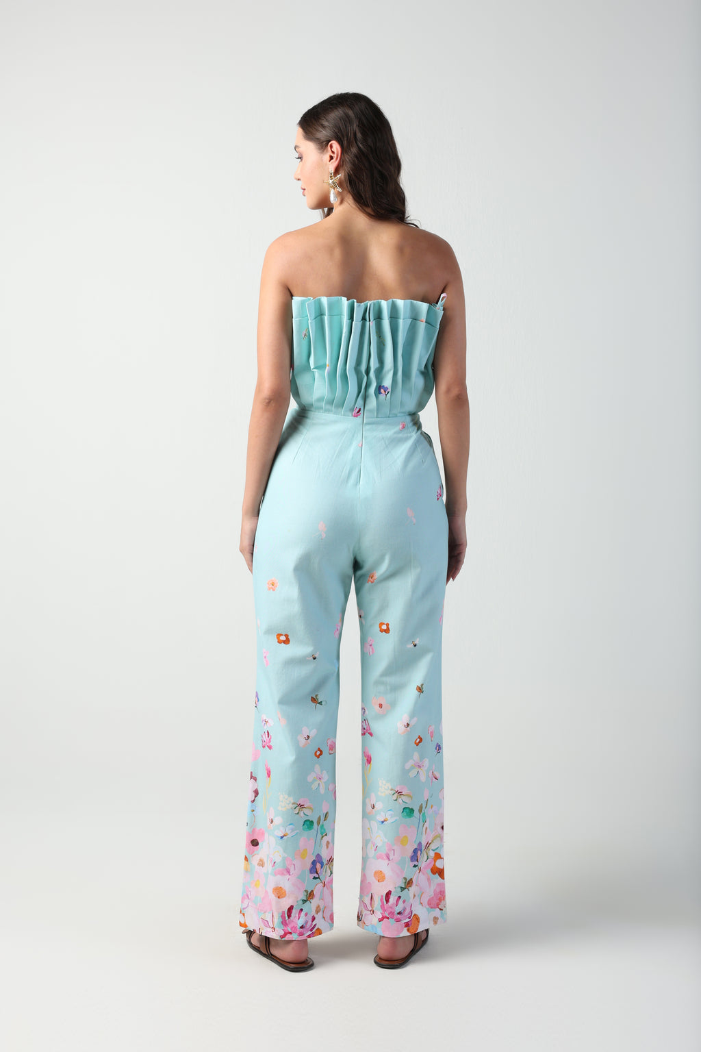 ALARA MINT GREEN 3D PLEATED STRAPLESS OMBRE FLORAL PRINTED JUMPSUIT