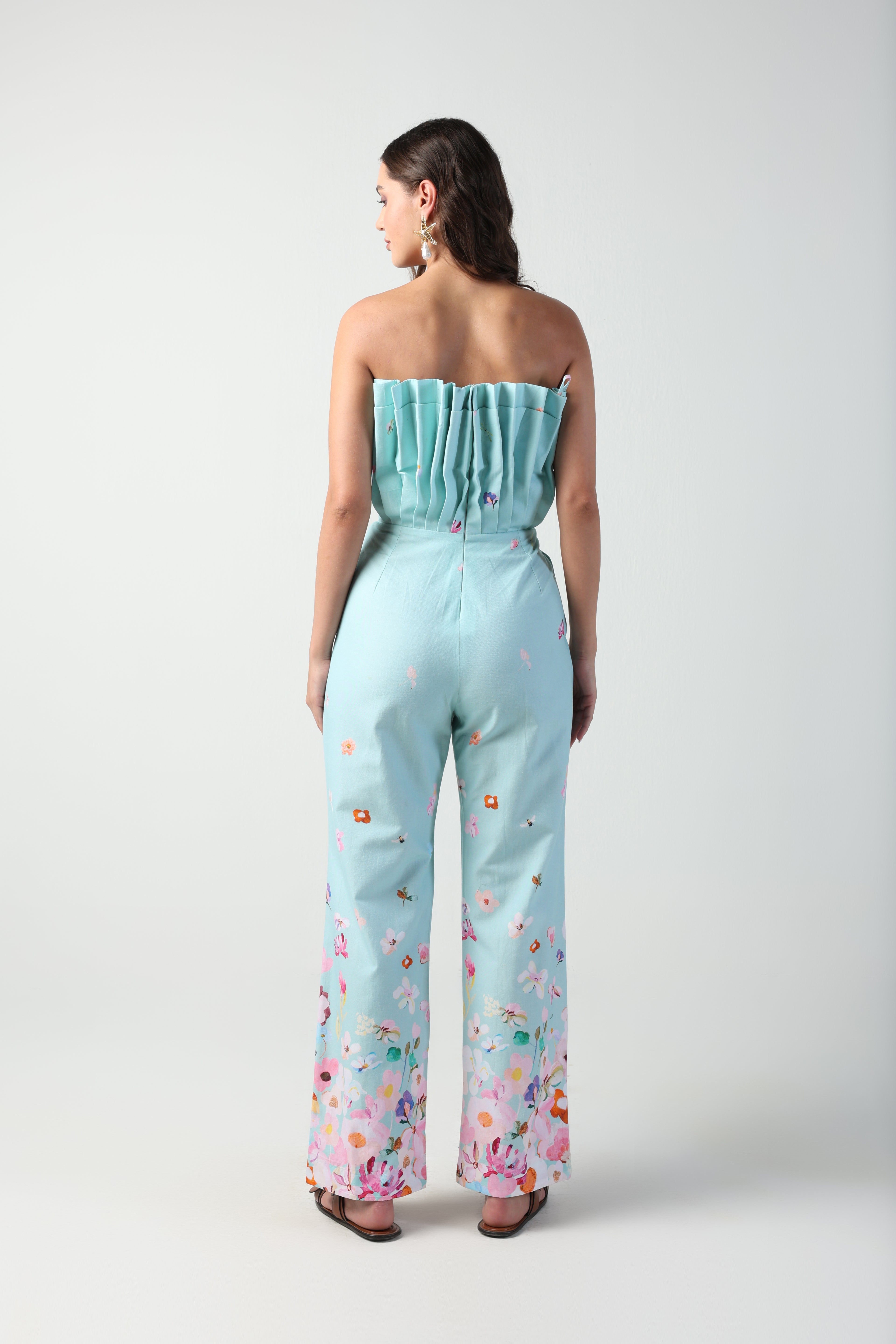 ALARA MINT GREEN 3D PLEATED STRAPLESS OMBRE FLORAL PRINTED JUMPSUIT