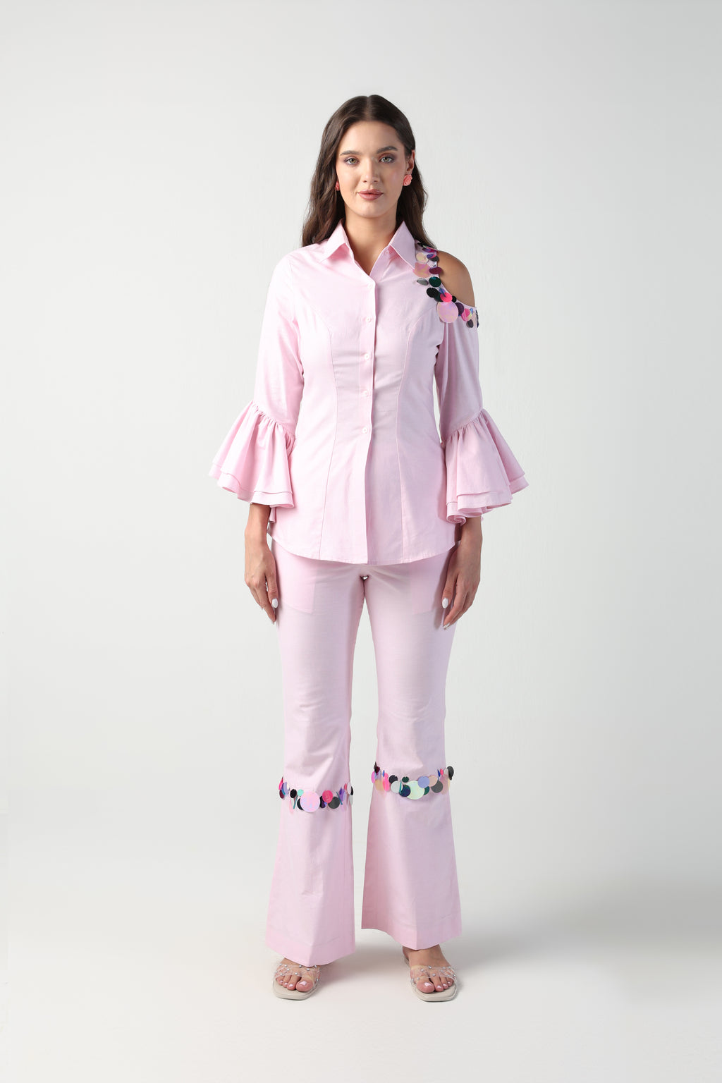 NINA PINK ONE SIDED COLDSHOULDER SEQUIN PANT CO-ORD SET