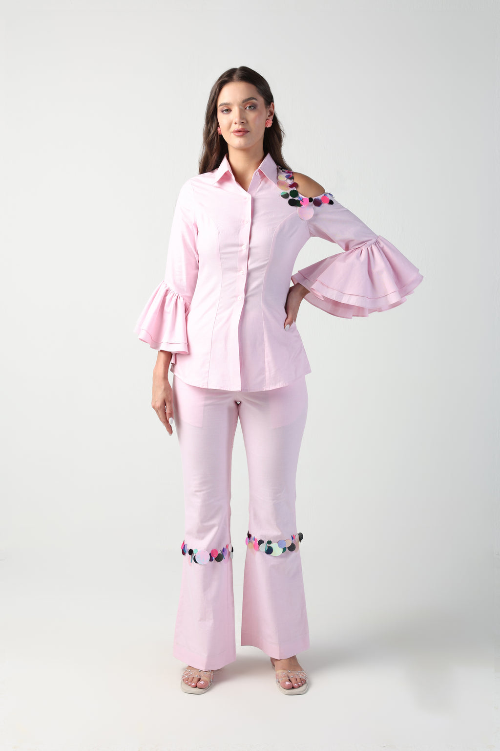 NINA PINK ONE SIDED COLDSHOULDER SEQUIN PANT CO-ORD SET