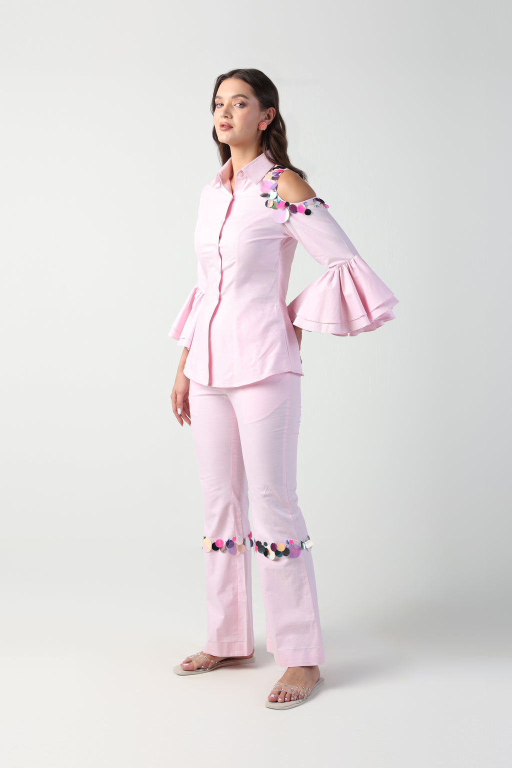 NINA PINK ONE SIDED COLDSHOULDER SEQUIN PANT CO-ORD SET
