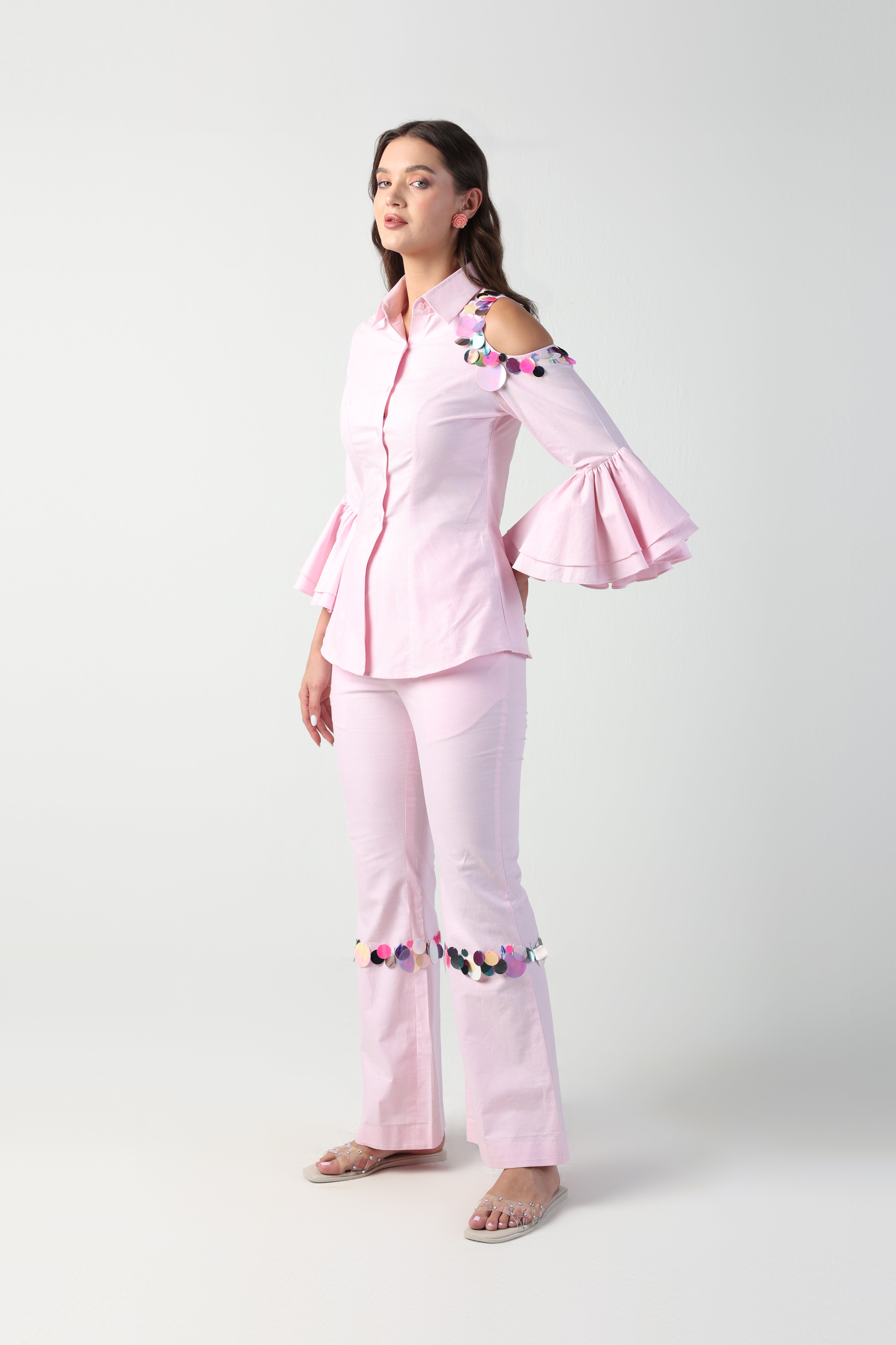 NINA PINK ONE SIDED COLDSHOULDER SEQUIN PANT CO-ORD SET