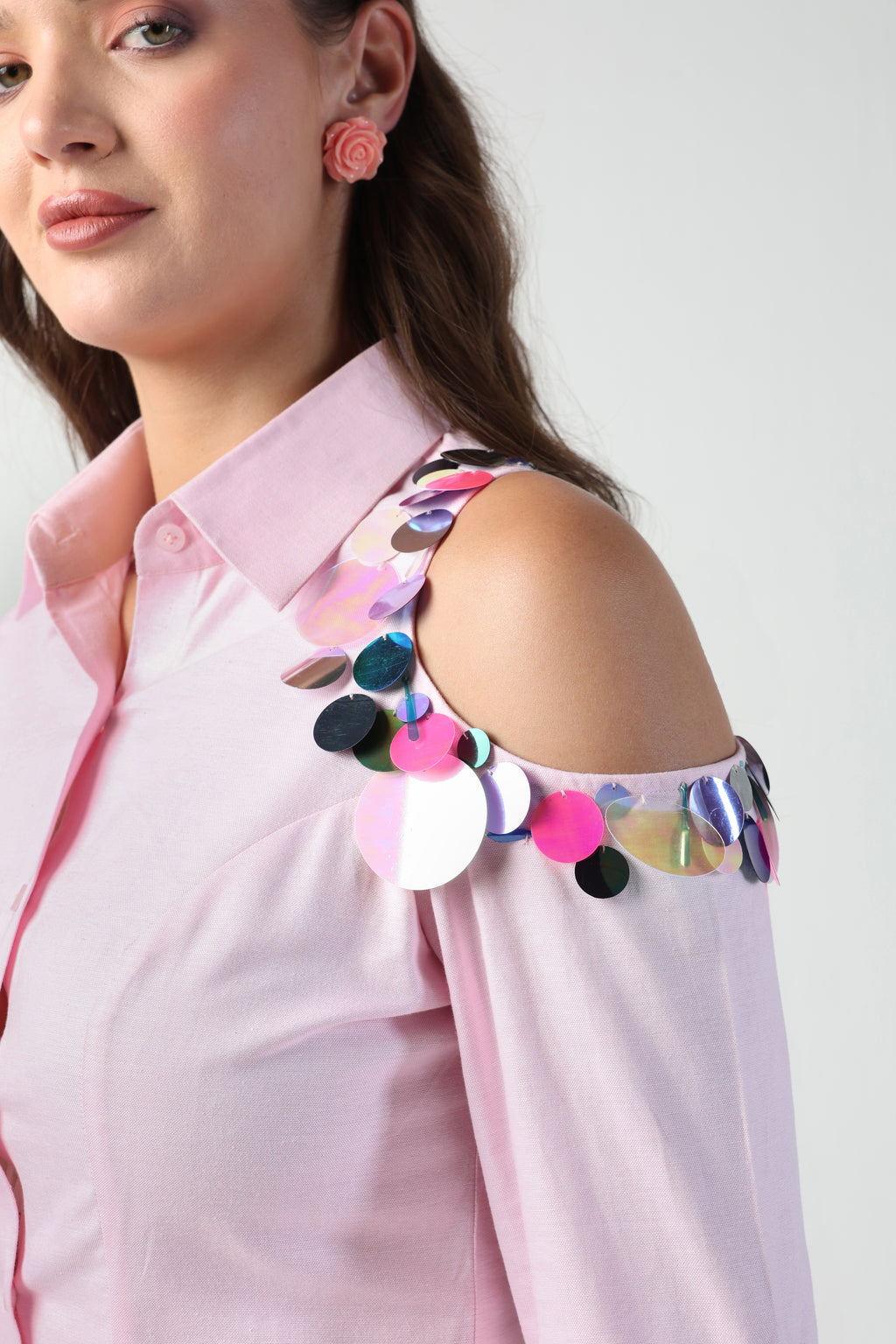 NINA PINK ONE SIDED COLDSHOULDER SEQUIN PANT CO-ORD SET