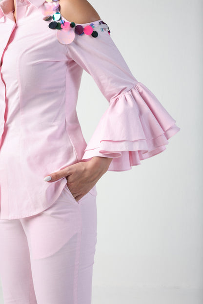 NINA PINK ONE SIDED COLDSHOULDER SEQUIN PANT CO-ORD SET