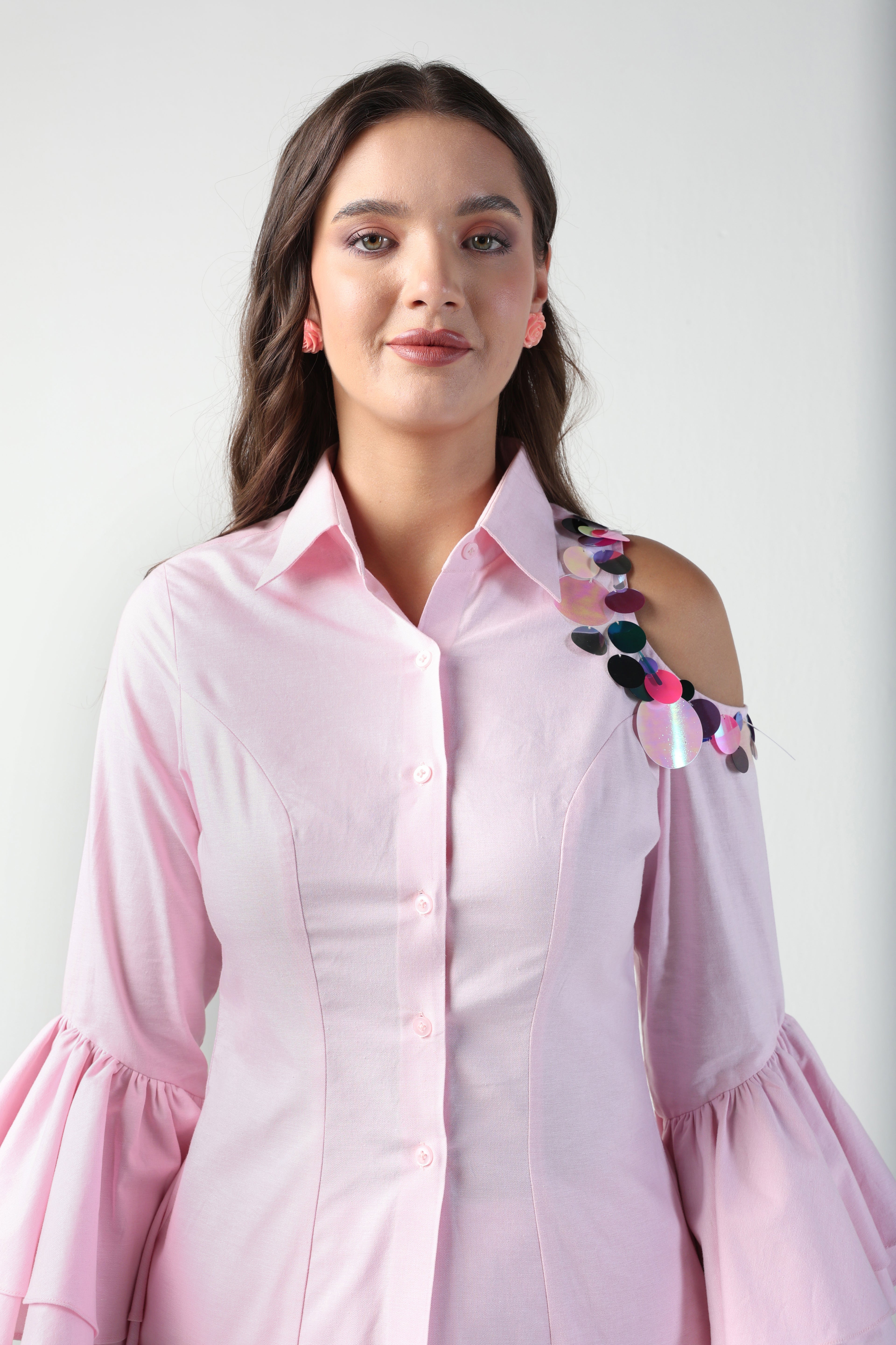 NINA PINK ONE SIDED COLDSHOULDER SEQUIN PANT CO-ORD SET