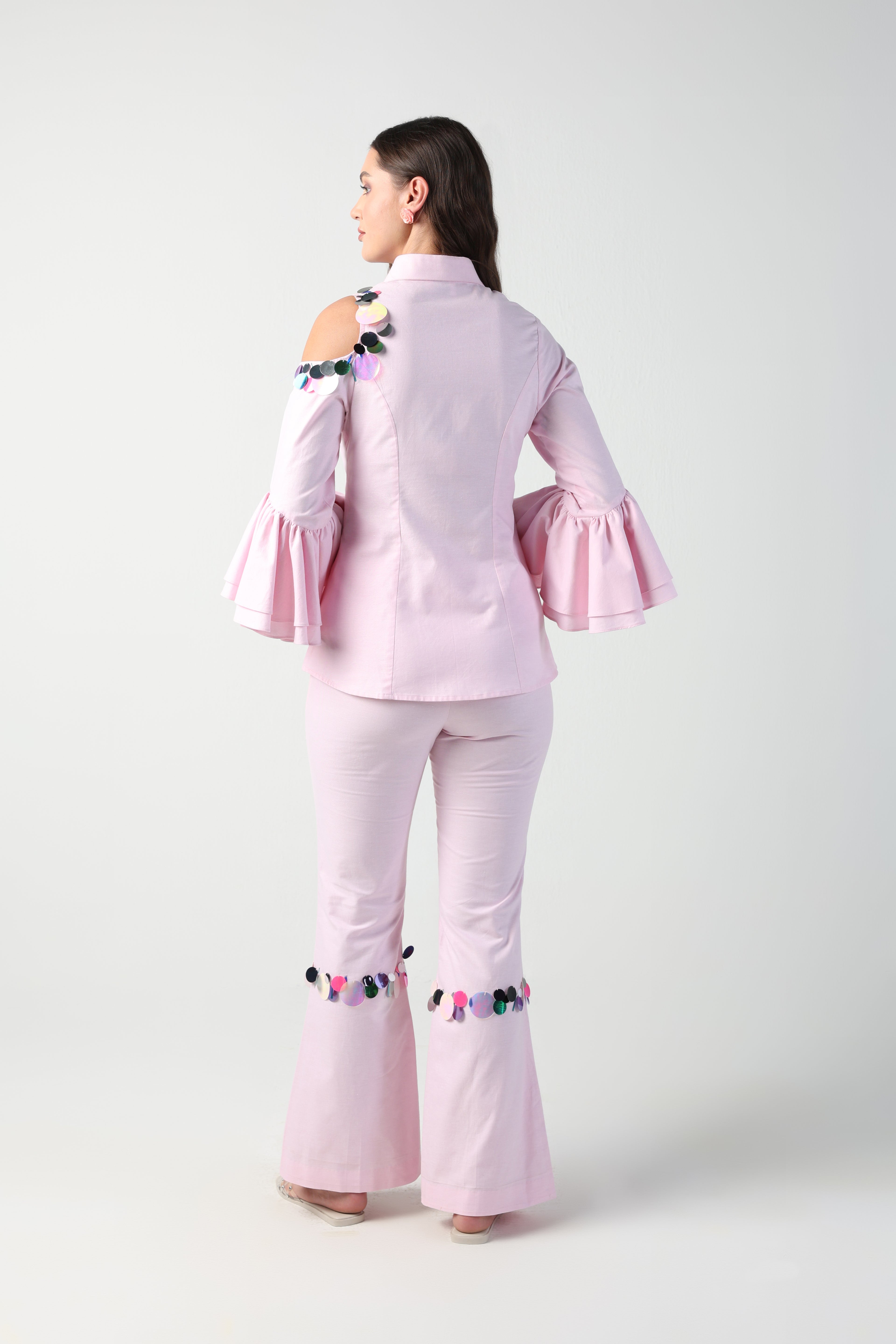NINA PINK ONE SIDED COLDSHOULDER SEQUIN PANT CO-ORD SET