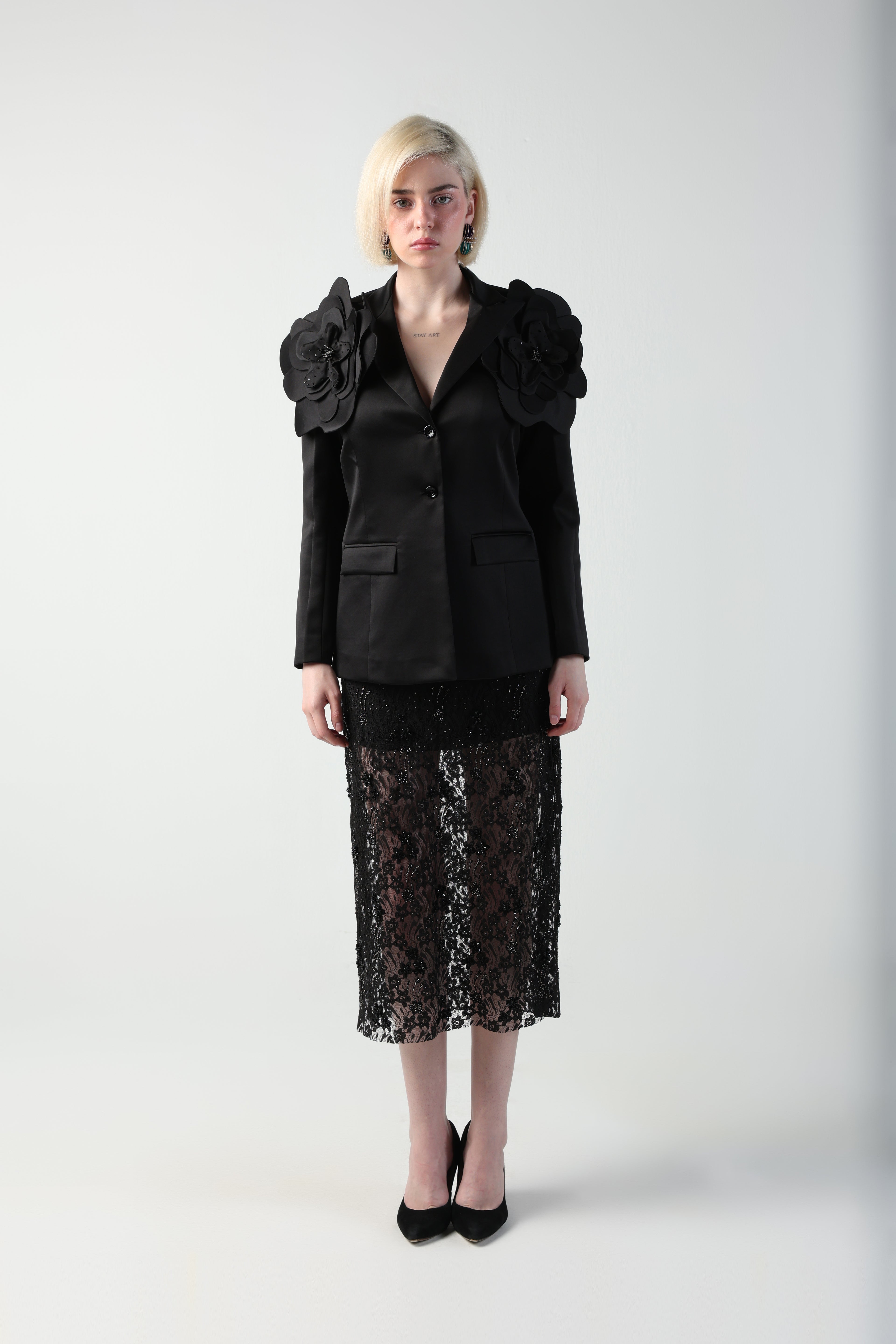 ALICIA MULTI SIZED 3D FLOWER OVERSIZED LOOK JACKET AND MIDI LACE SKIRT CO-ORD SET