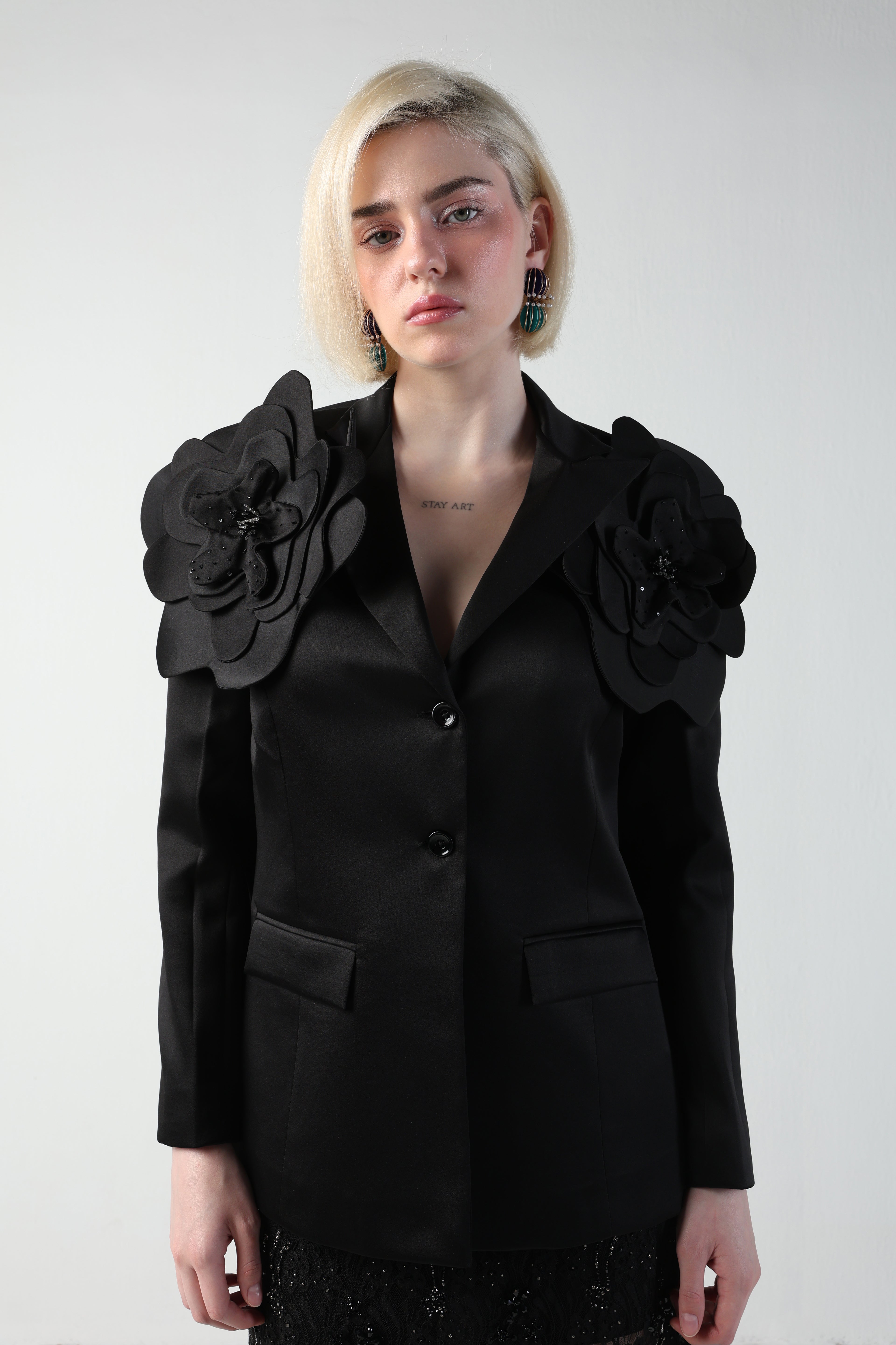 ALICIA MULTI SIZED 3D FLOWER OVERSIZED LOOK JACKET AND MIDI LACE SKIRT CO-ORD SET