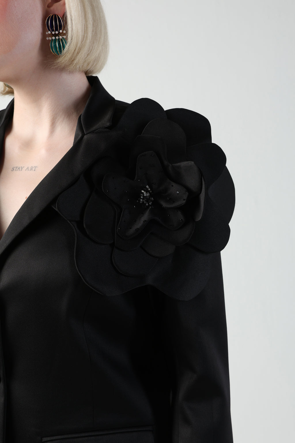 ALICIA MULTI SIZED 3D FLOWER OVERSIZED LOOK JACKET AND MIDI LACE SKIRT CO-ORD SET