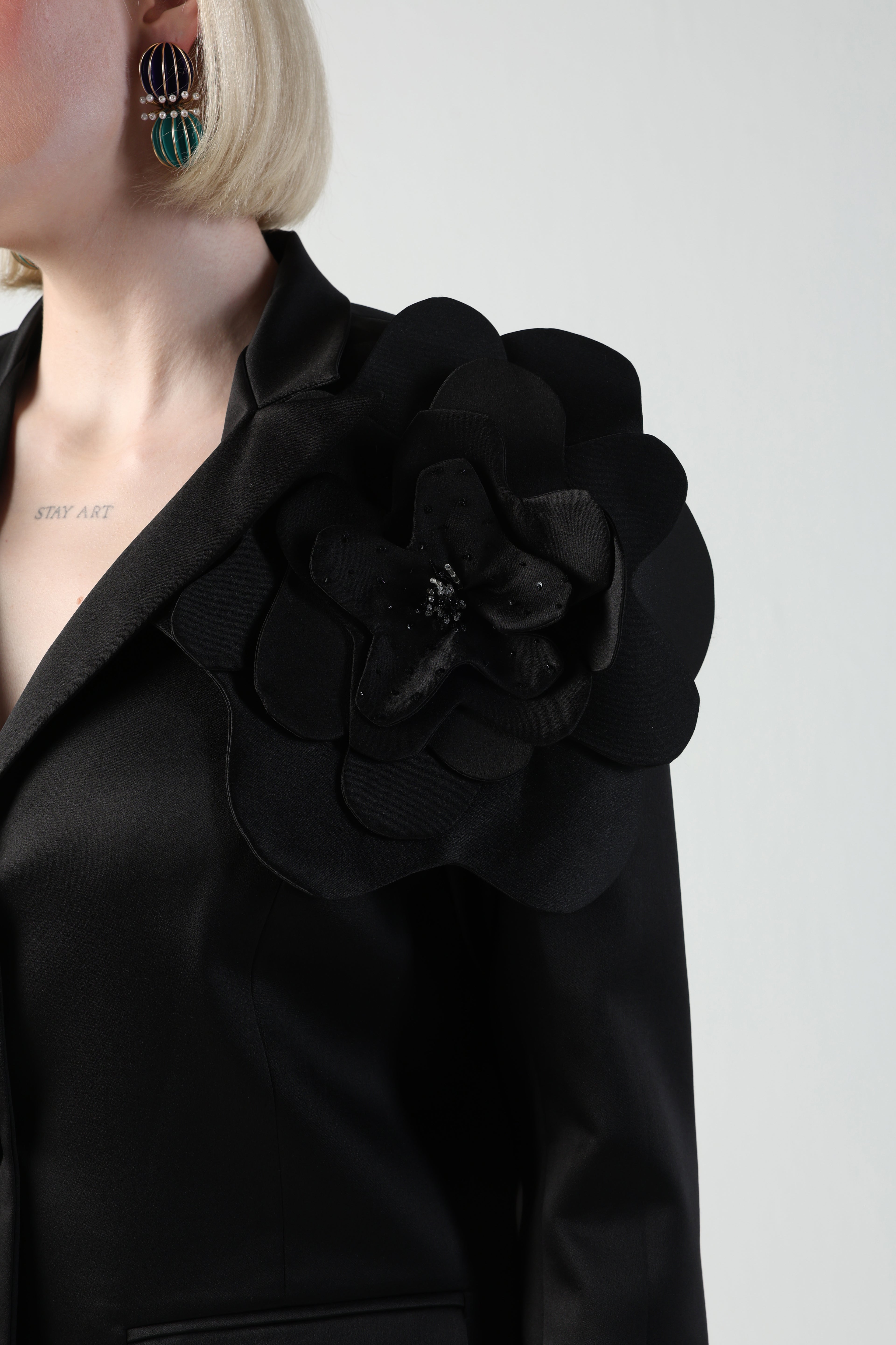 ALICIA MULTI SIZED 3D FLOWER OVERSIZED LOOK JACKET AND MIDI LACE SKIRT CO-ORD SET