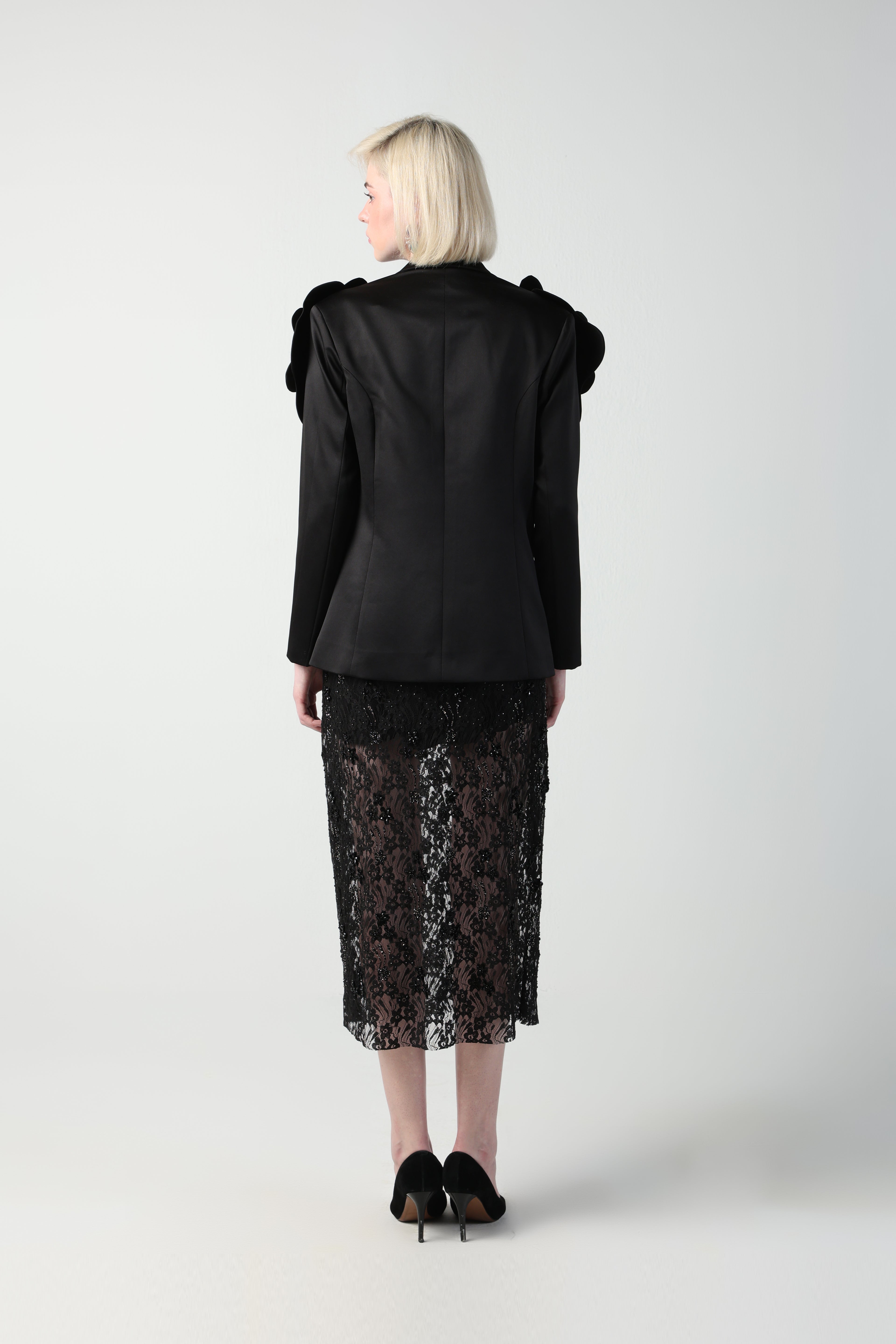 ALICIA MULTI SIZED 3D FLOWER OVERSIZED LOOK JACKET AND MIDI LACE SKIRT CO-ORD SET