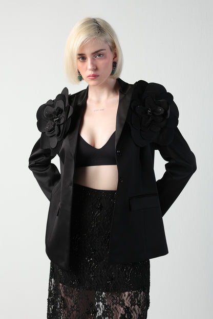 ALICIA MULTI SIZED 3D FLOWER OVERSIZED LOOK JACKET AND MIDI LACE SKIRT CO-ORD SET