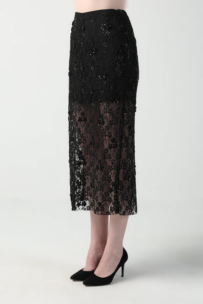 ALICIA MULTI SIZED 3D FLOWER OVERSIZED LOOK JACKET AND MIDI LACE SKIRT CO-ORD SET