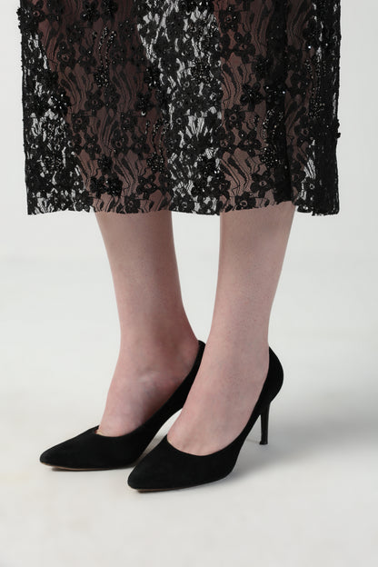 ALICIA MULTI SIZED 3D FLOWER OVERSIZED LOOK JACKET AND MIDI LACE SKIRT CO-ORD SET