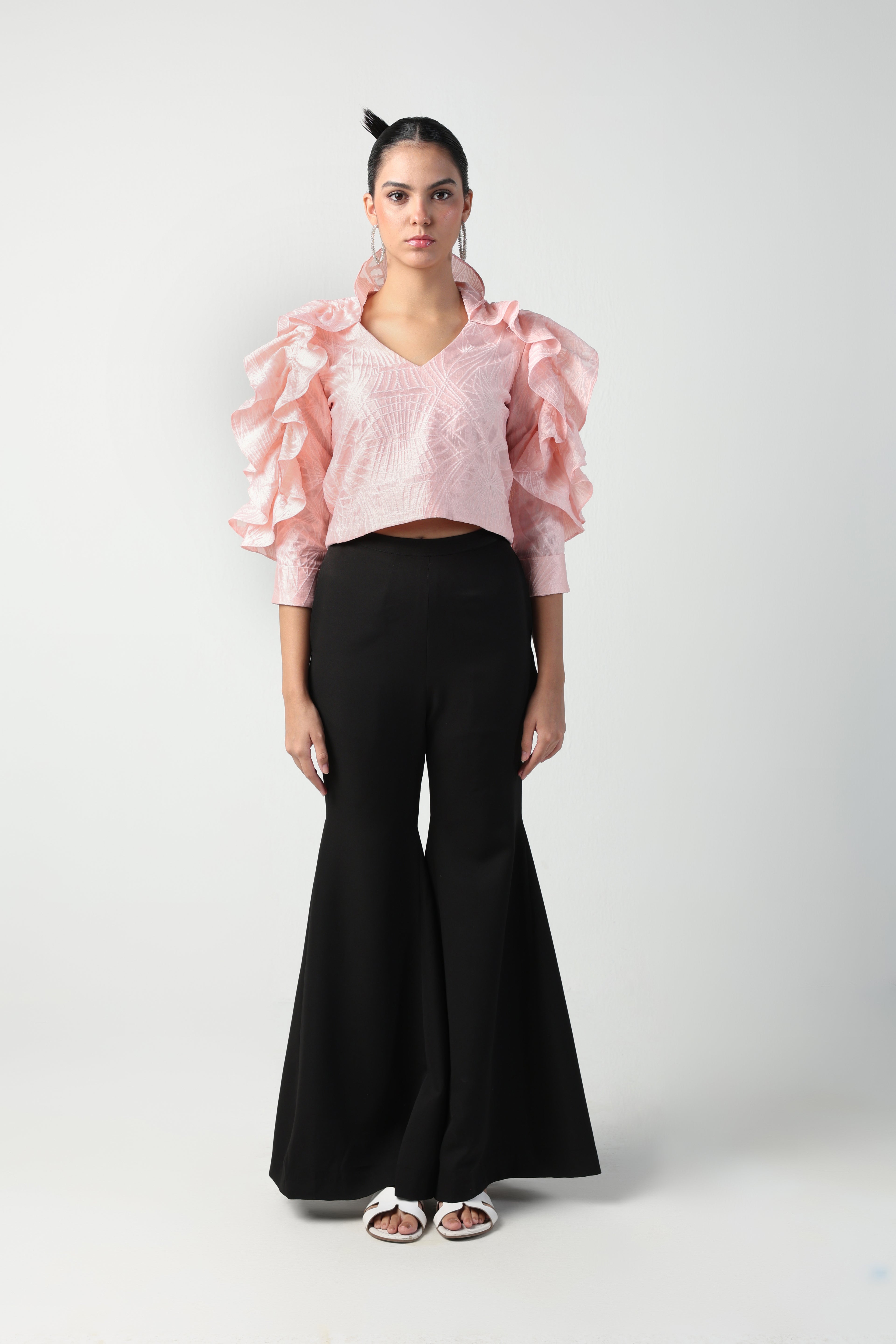 BIANCA PEACH SHOULDER RUFFLE JACQUARD TOP